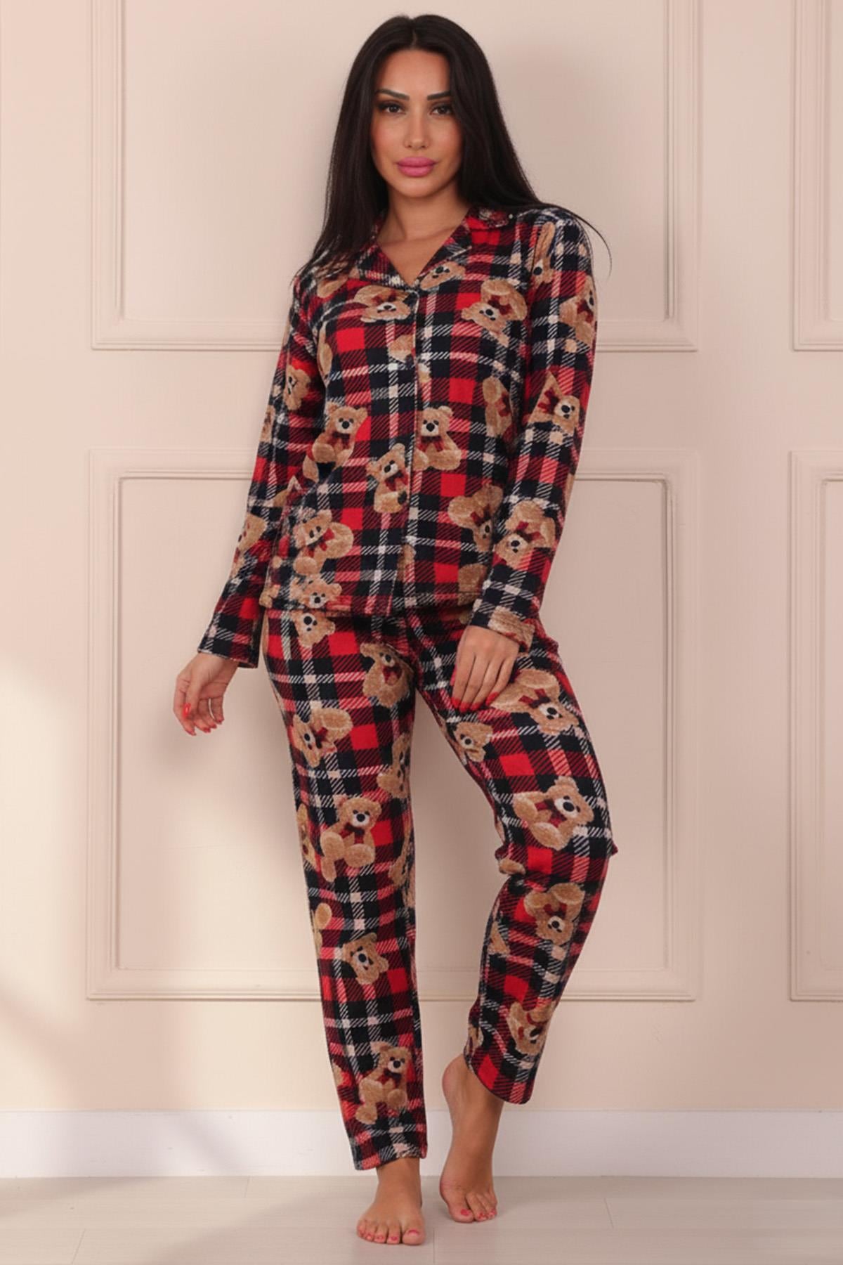 Kadın Ayıcık ve Ekose Desenli Desenli Önü Düğmeli Süet Pijama Takımı