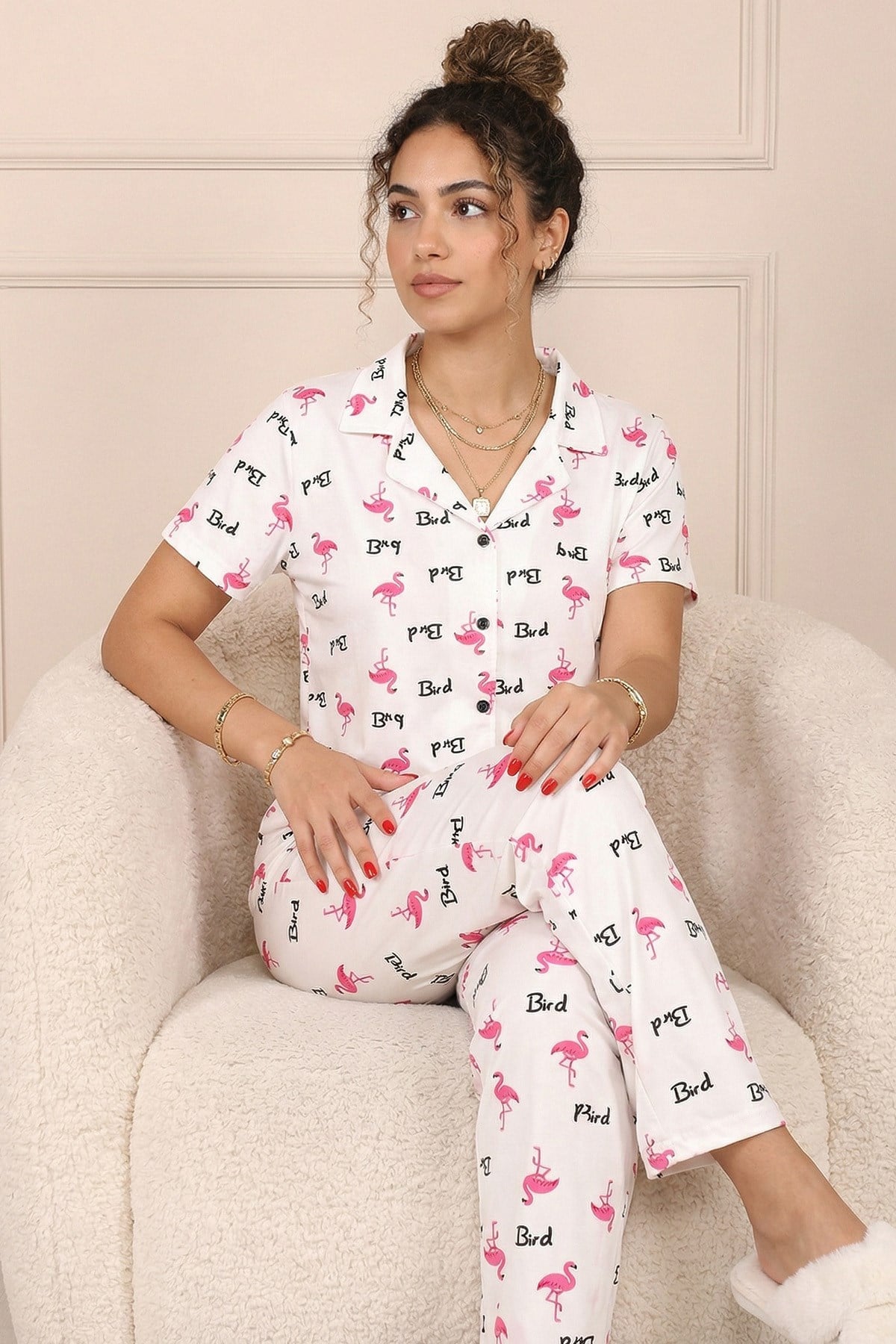 Kadın Bird Sloganlı ve Desenli Gömlek Yaka Kısa Kol Altı Uzun Serin Tutan Milan Kumaş Pijama Takımı