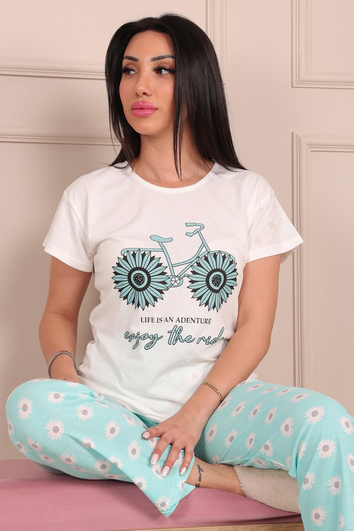 Kadın Bisiklet Baskılı Bisiklet Yaka Kısa Kol Altı Uzun Penye Pijama Takımı