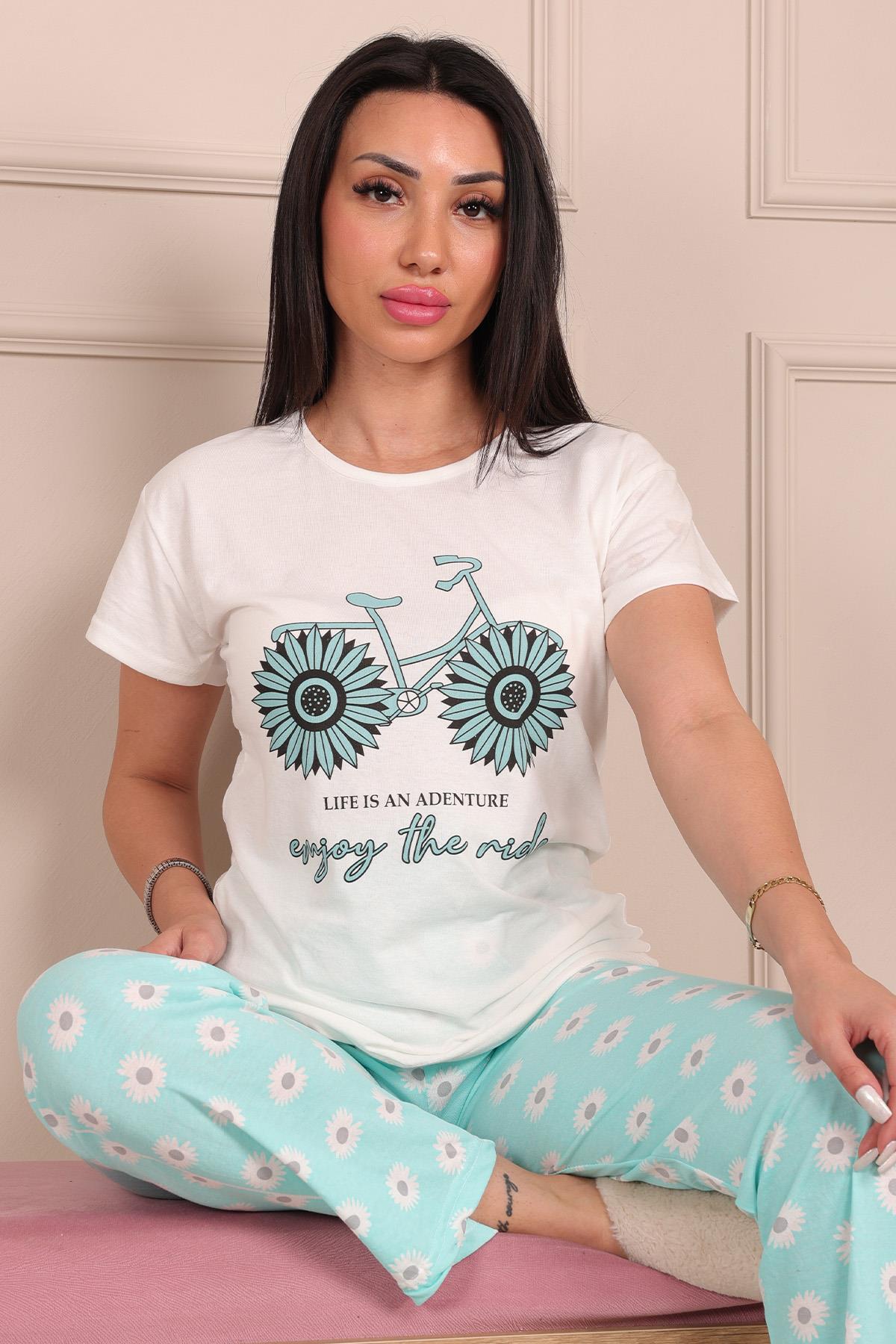 Kadın Bisiklet Baskılı Bisiklet Yaka Kısa Kol Altı Uzun Penye Pijama Takımı