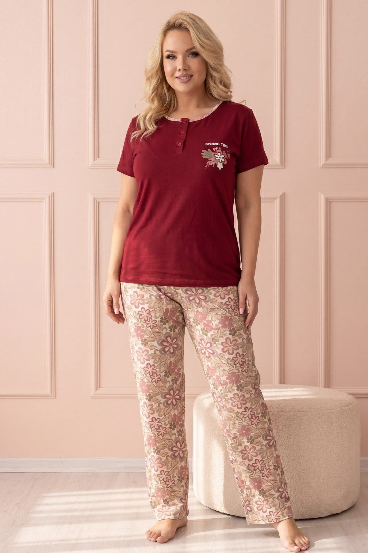 Kadın Bisiklet Yaka Kısa Kol Göğsü Desen Çiçek Baskılı Altı Uzun  Serin Tutan Viskon Kumaş Pijama Takımı