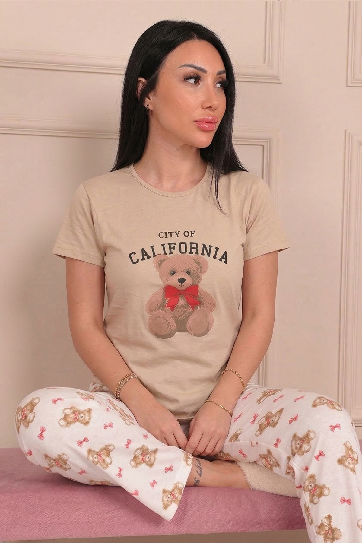 Kadın Calıfornıa Sloganlı Ayıcık Baskılı  Kısa Kollu Pijama Takımı
