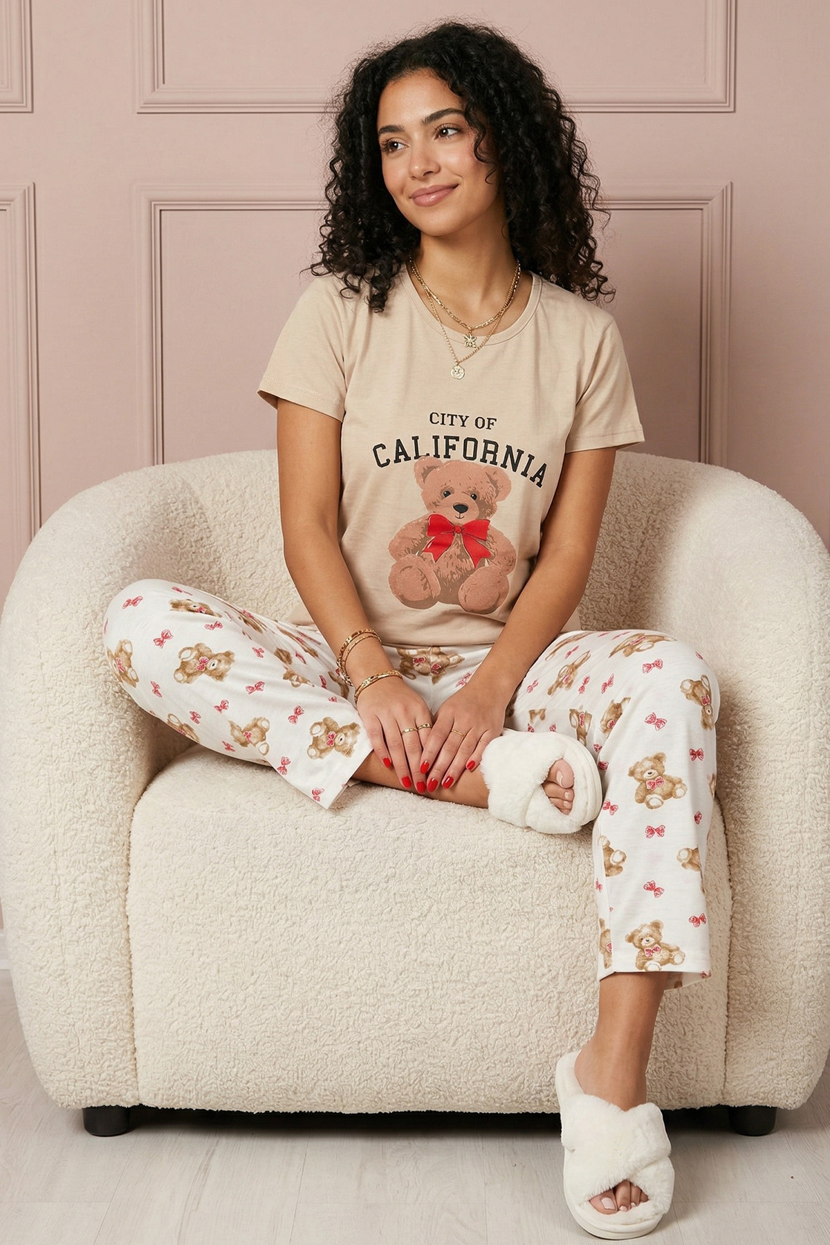 Kadın Calıfornıa Sloganlı Ayıcık Baskılı  Kısa Kollu Pijama Takımı