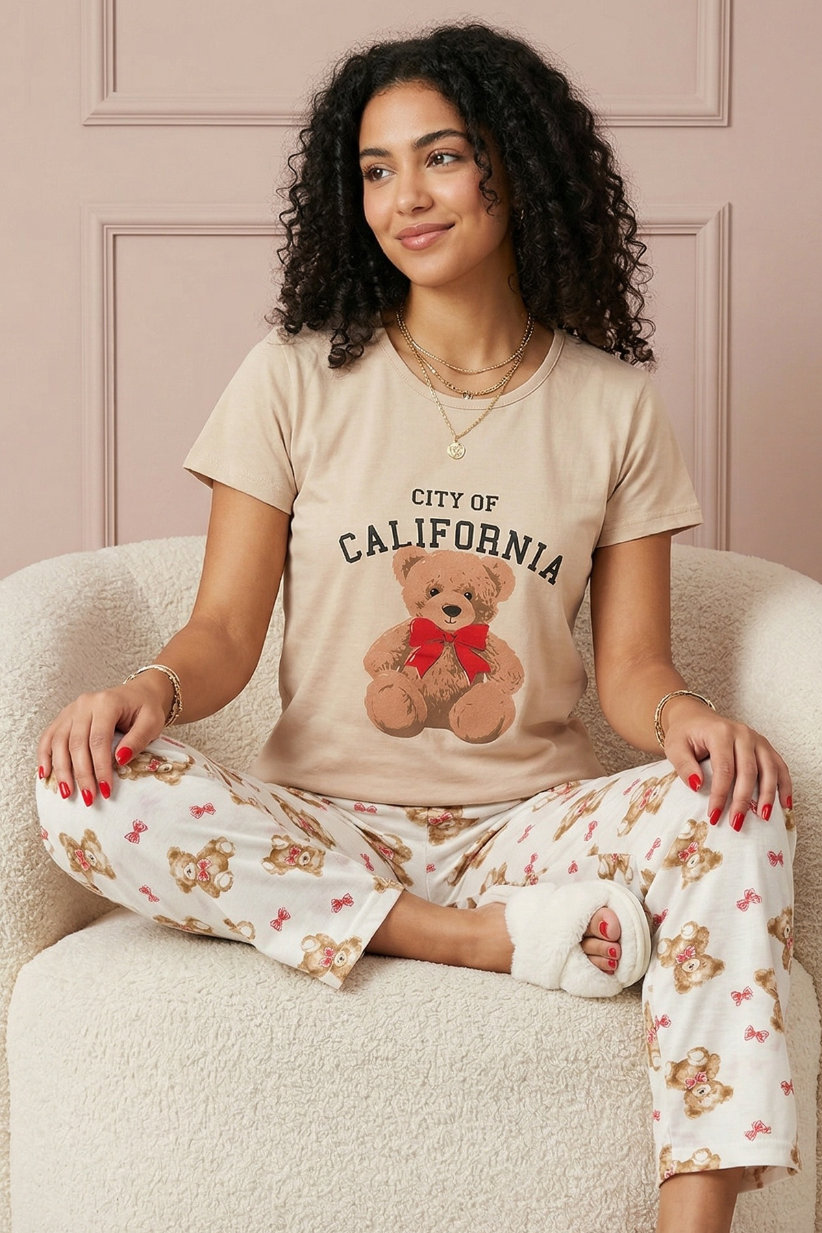 Kadın Calıfornıa Sloganlı Ayıcık Baskılı  Kısa Kollu Pijama Takımı