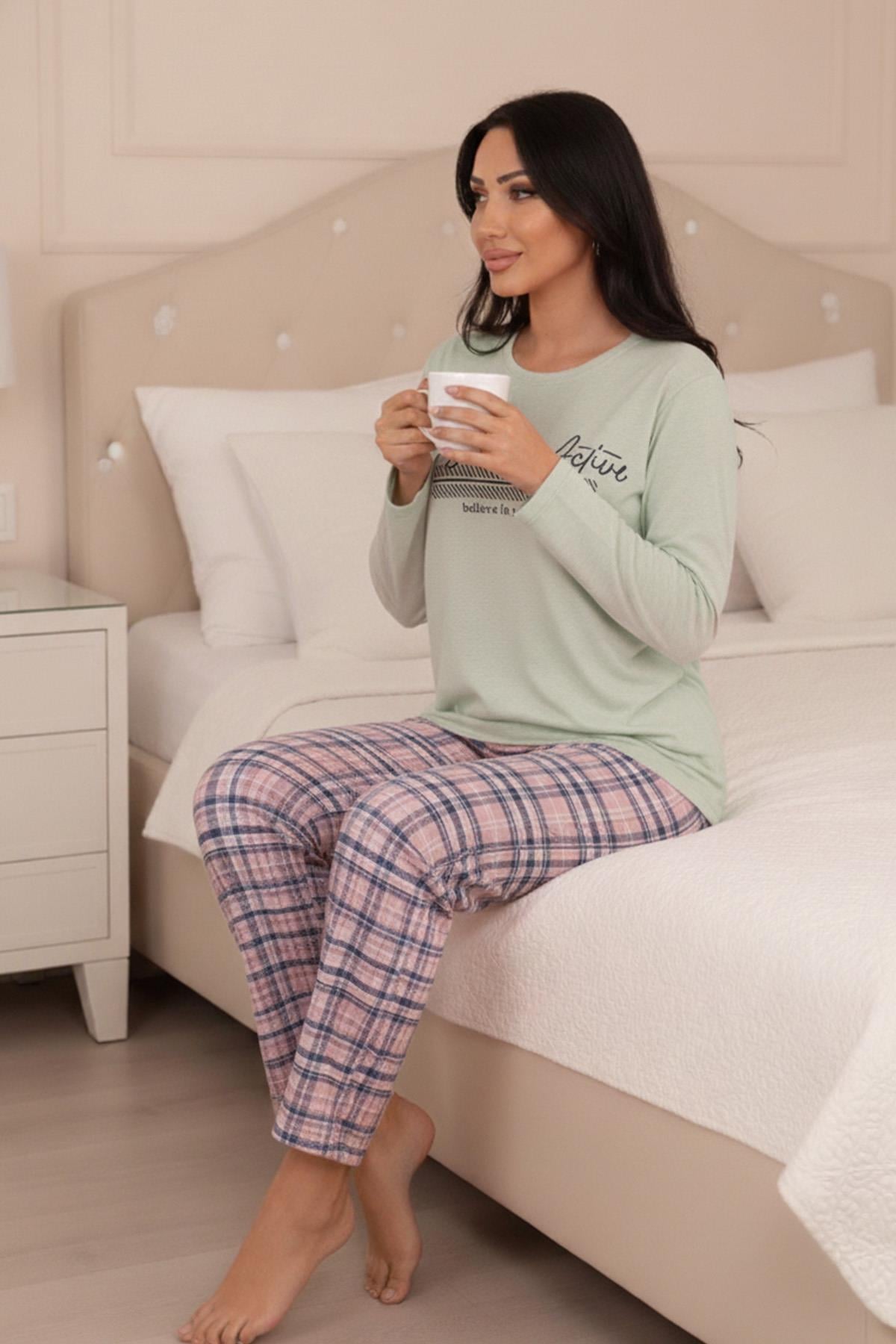 Kadın Casual Active Sloganlı Bisiklet Yaka Uzun Kol Altı Uzun Penye Pijama Takımı