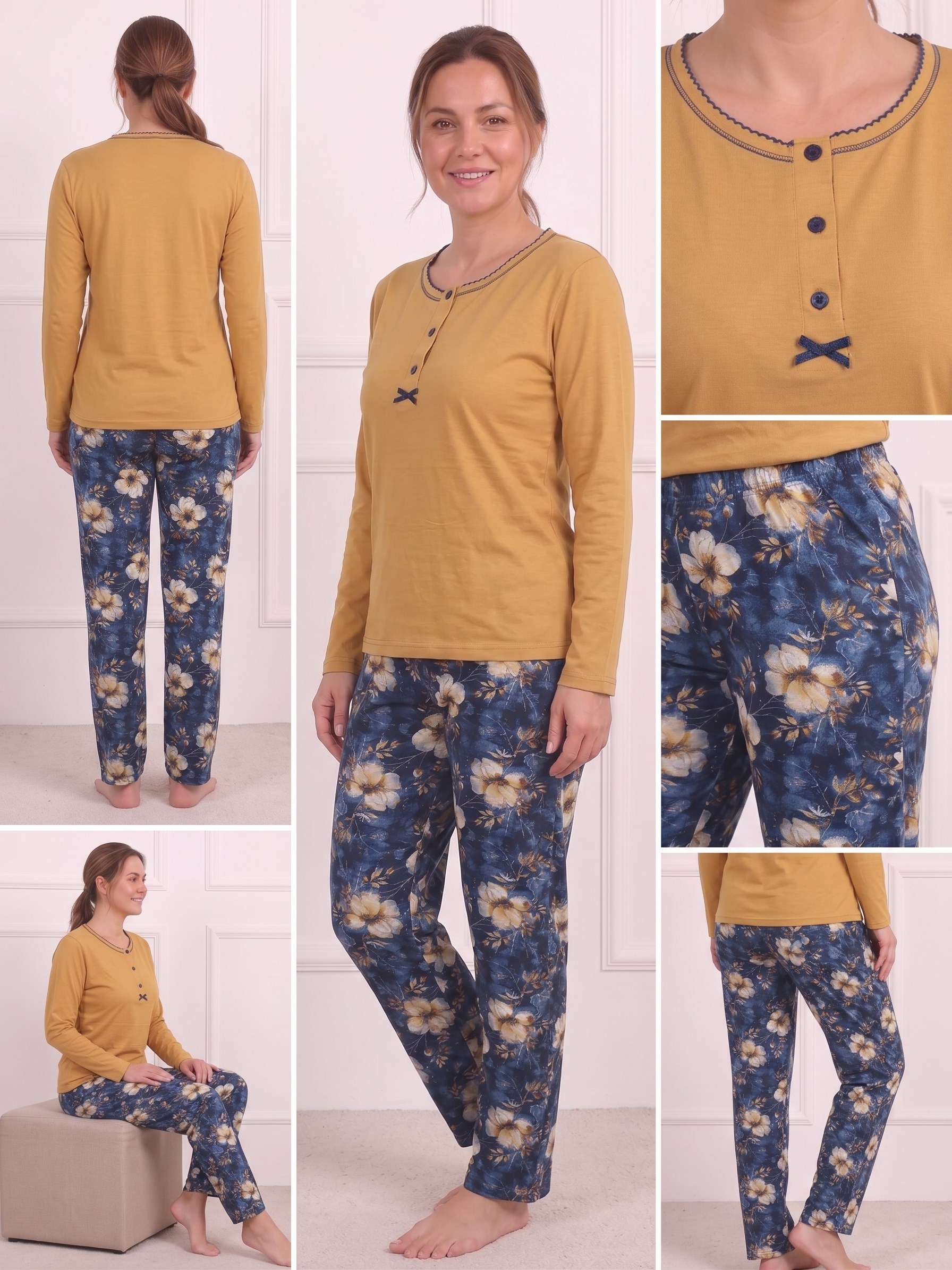 Kadın Çiçek Desenli Bisiklet Yaka Uzun Kol Altı Uzun Bambu Pijama Takımı