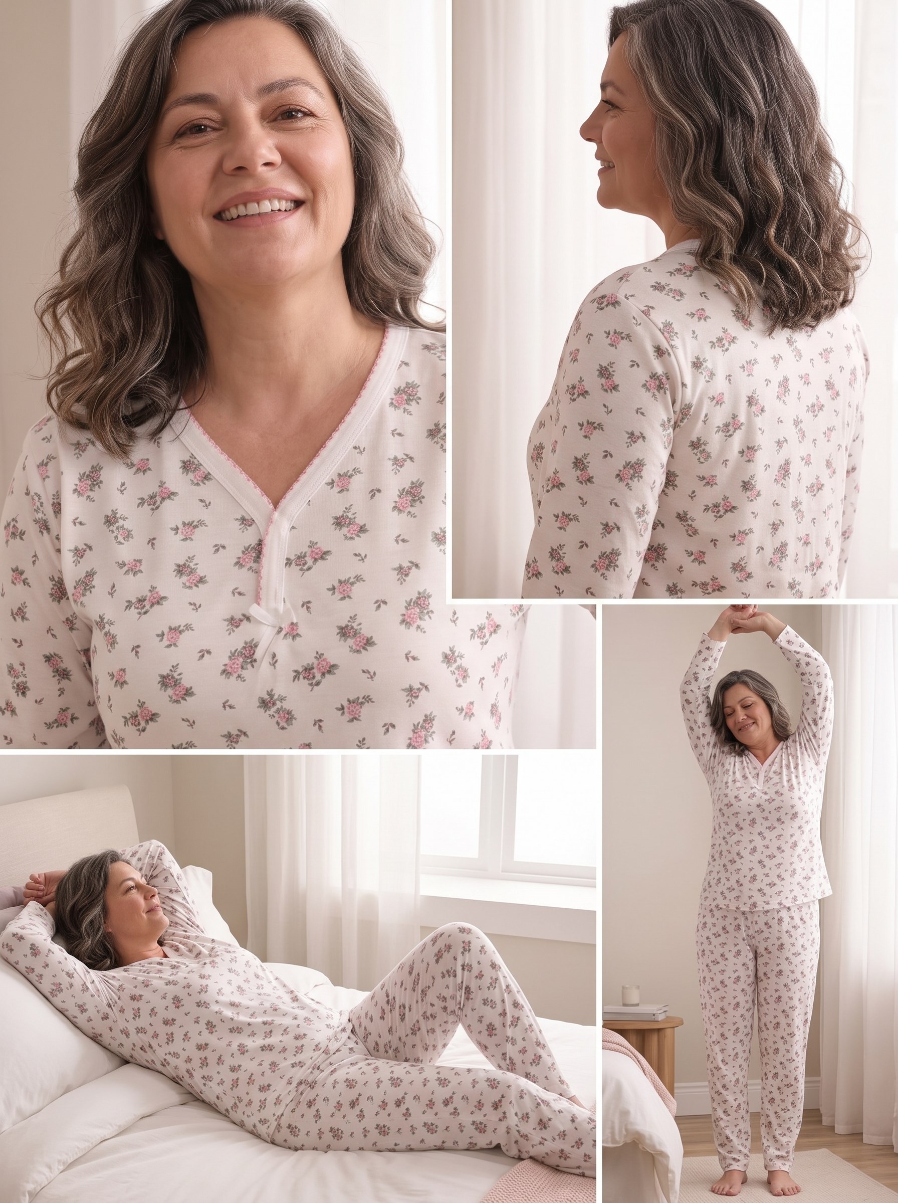 Kadın Çiçek Desenli Biye Yakalı Uzun Kollu Anne Penye Pijama Takımı