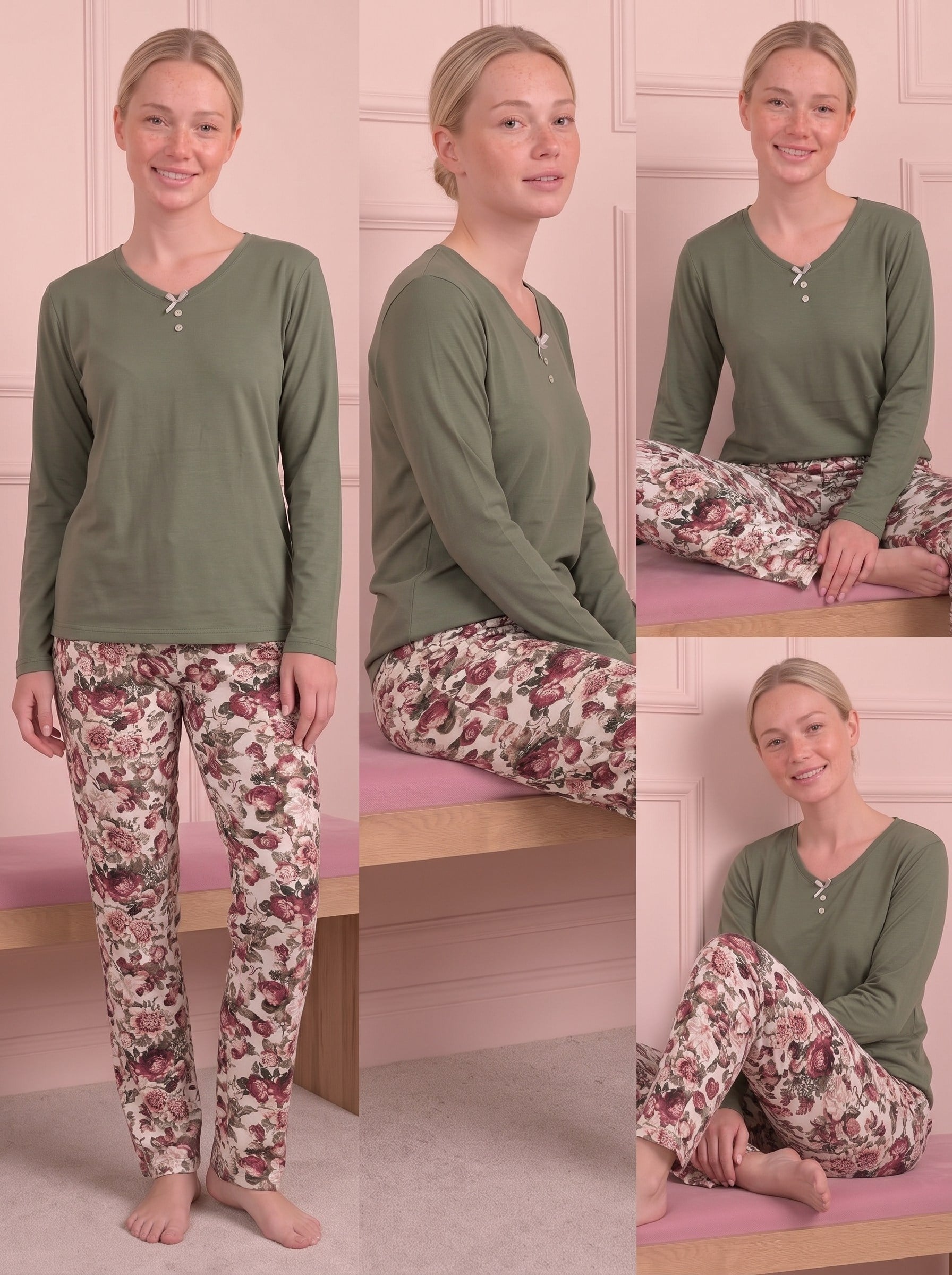 Kadın Çiçek Desenli V Yaka Uzun Kol Altı Uzun Bambu Pijama Takımı