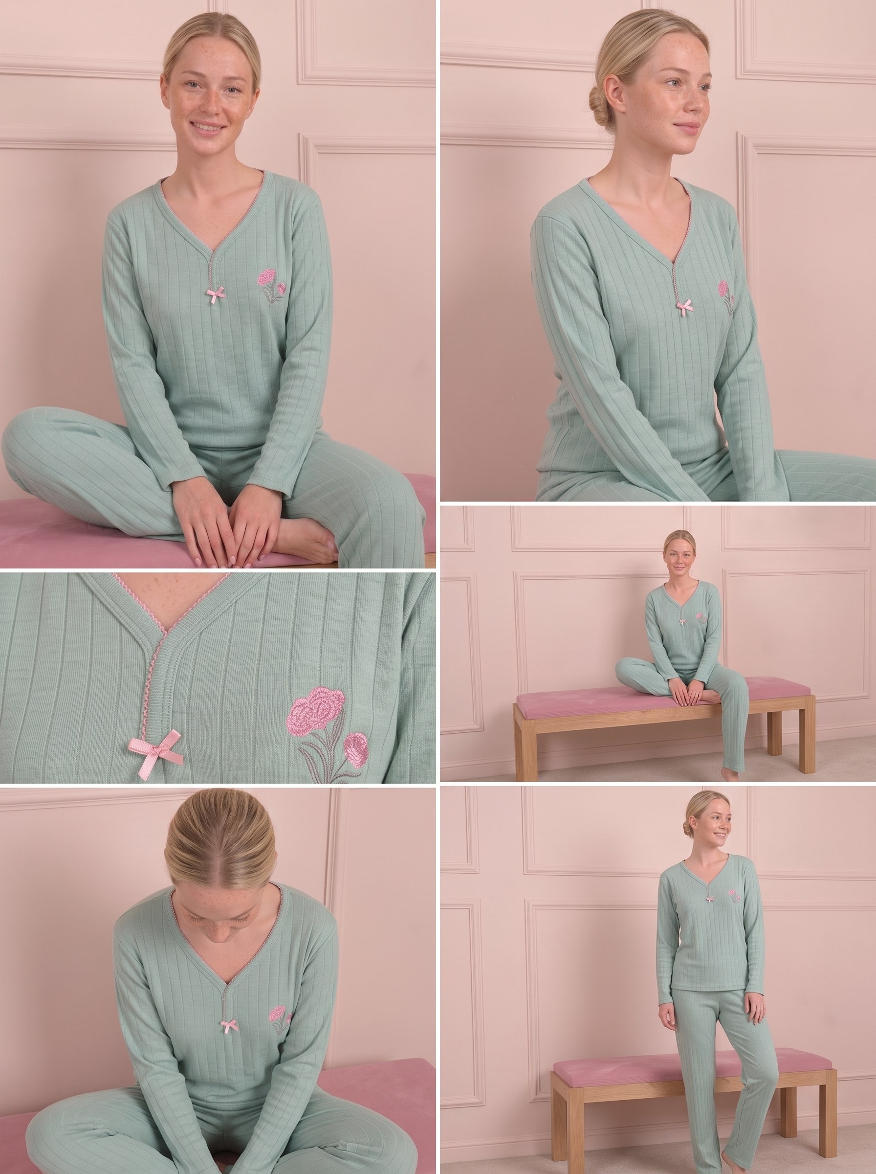 Kadın Çiçek İşlemeli Biye Yakalı Uzun Kol Altı Uzun Viskon Elegance Pijama Takımı