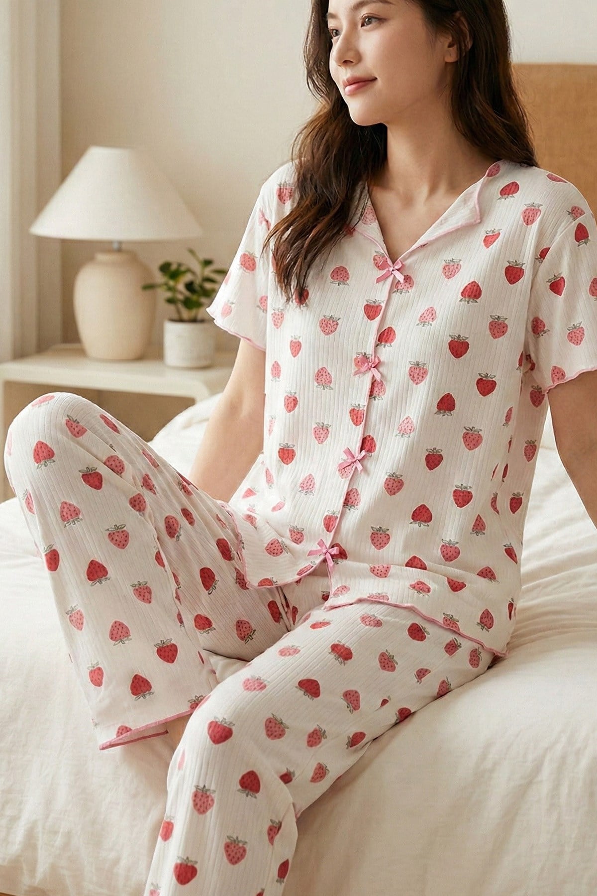 Kadın Çilek Desenli Biyeli V Yaka Kısa Kol Altı Uzun Kaşkorse Pijama Takımı