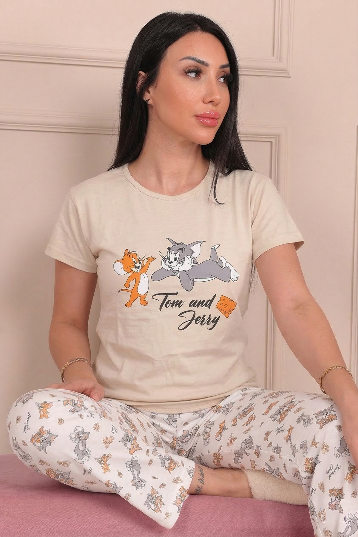 Kadın Çizgi Film Karakter Desenli  Kısa Kollu Pijama Takımı