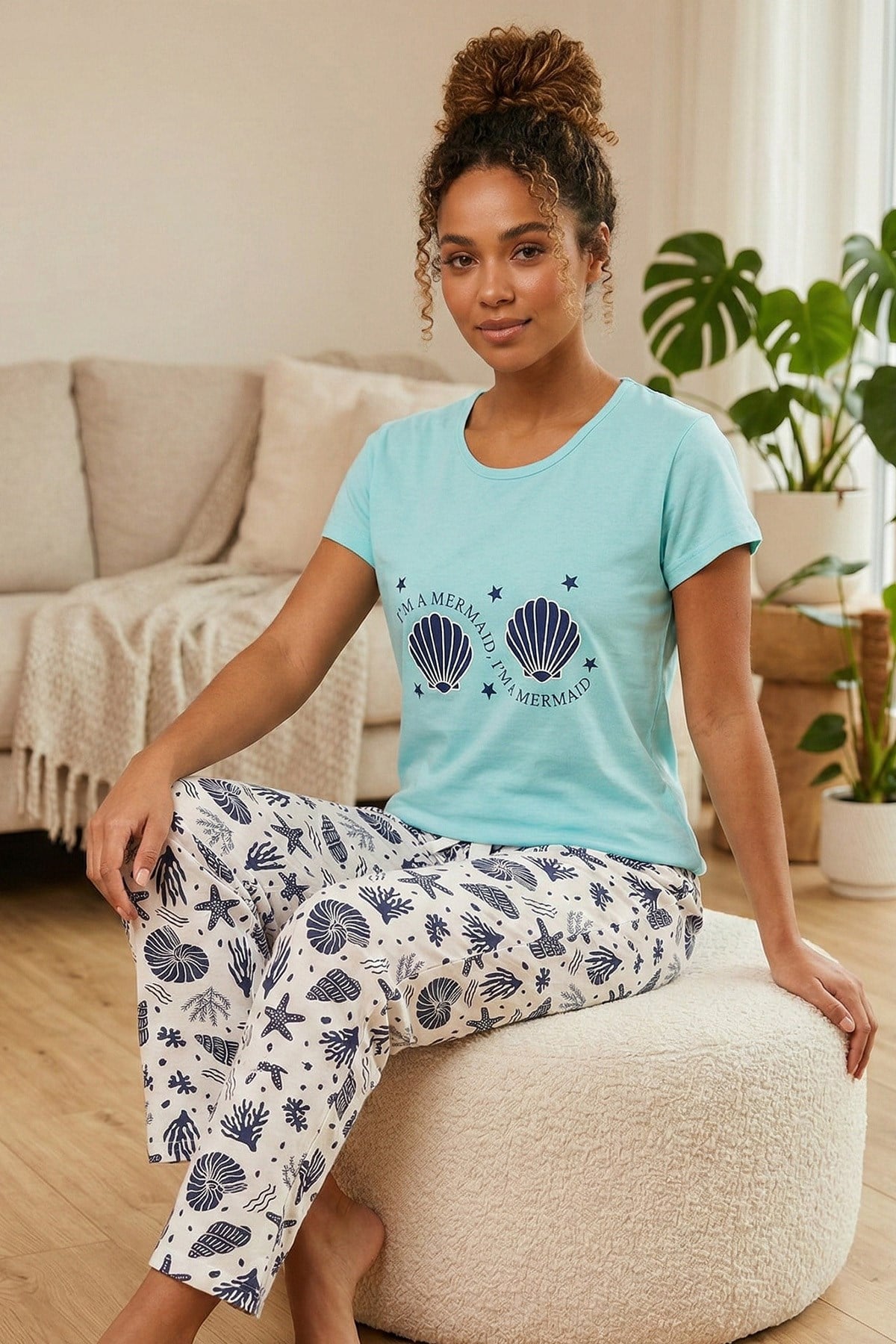 Kadın Deniz Kabuğu Desenli ve Altı Desenli Penye Kısa Kollu Pijama Takımı