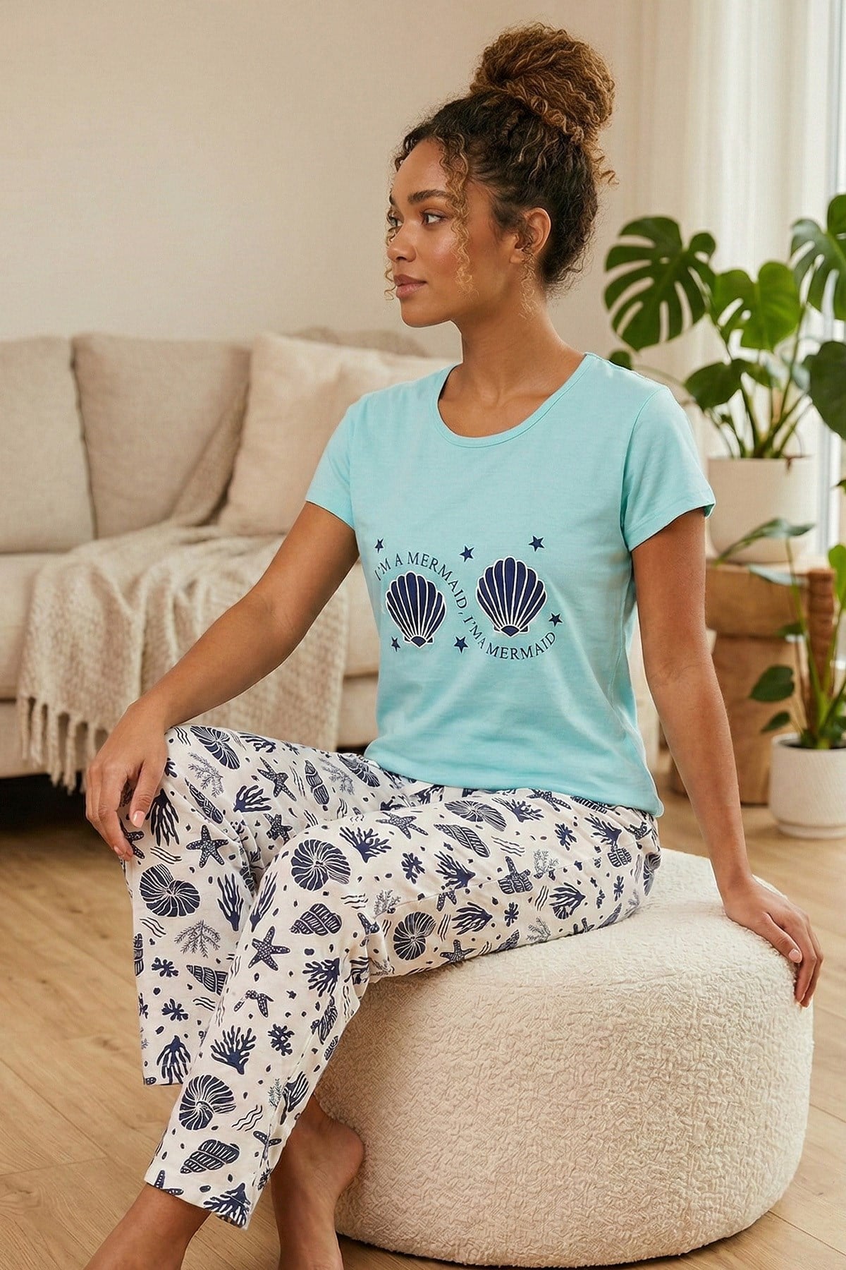 Kadın Deniz Kabuğu Desenli ve Altı Desenli Penye Kısa Kollu Pijama Takımı