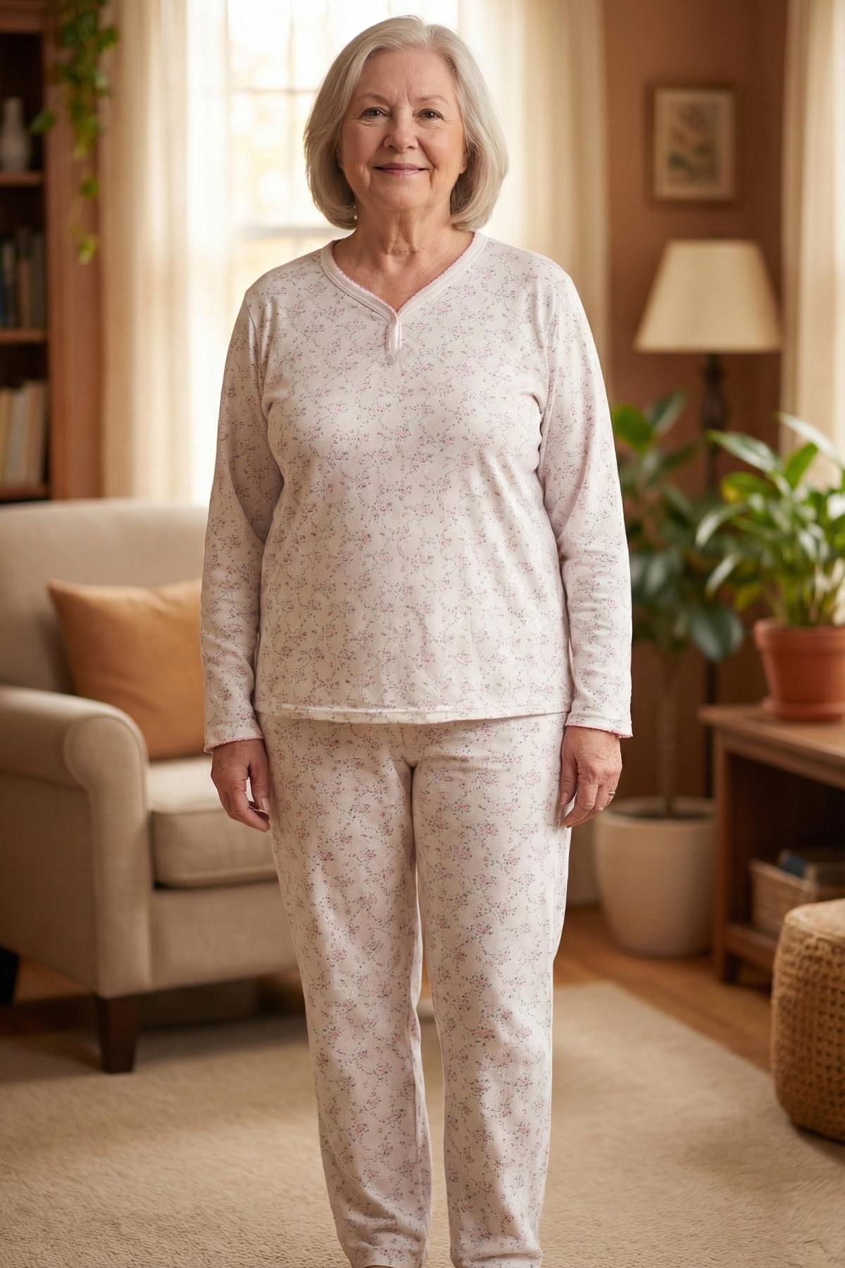 Kadın Desenli Biye Yakalı İnterlok Uzun Kol Altı Uzun Penye Anne  Pijama Takımı