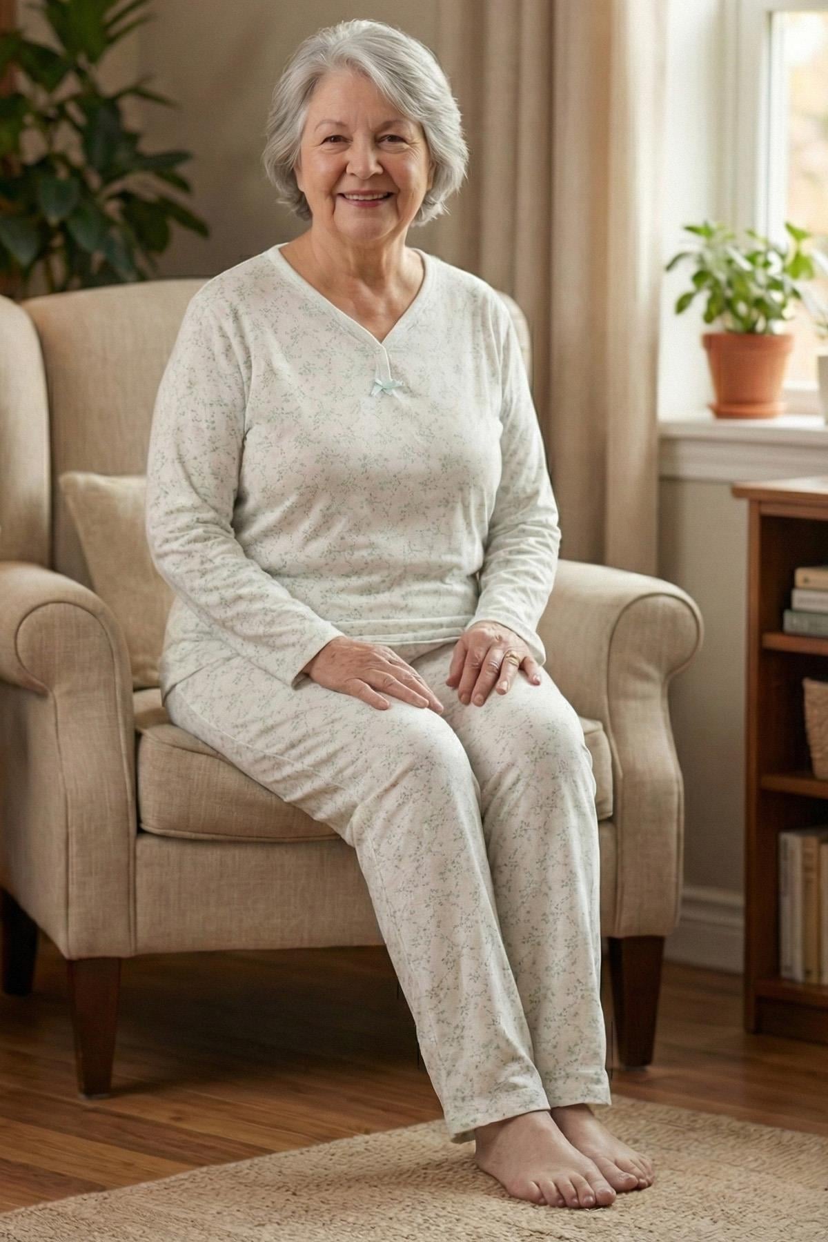 Kadın Desenli Biye Yakalı İnterlok Uzun Kol Altı Uzun Penye Anne  Pijama Takımı