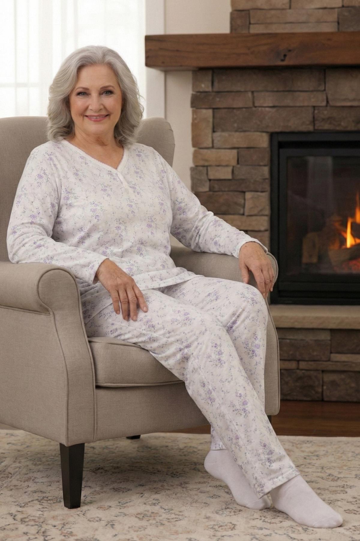 Kadın Desenli Biye Yakalı İnterlok Uzun Kol Altı Uzun Penye Anne  Pijama Takımı