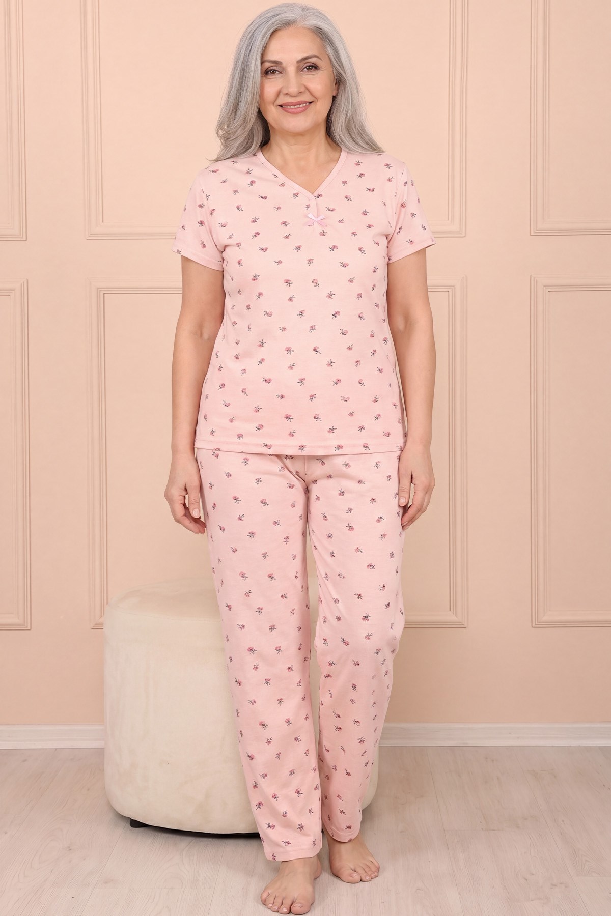 Kadın Desenli Biye Yakalı Kısa Kol Altı Uzun Penye Anne  Pijama Takım