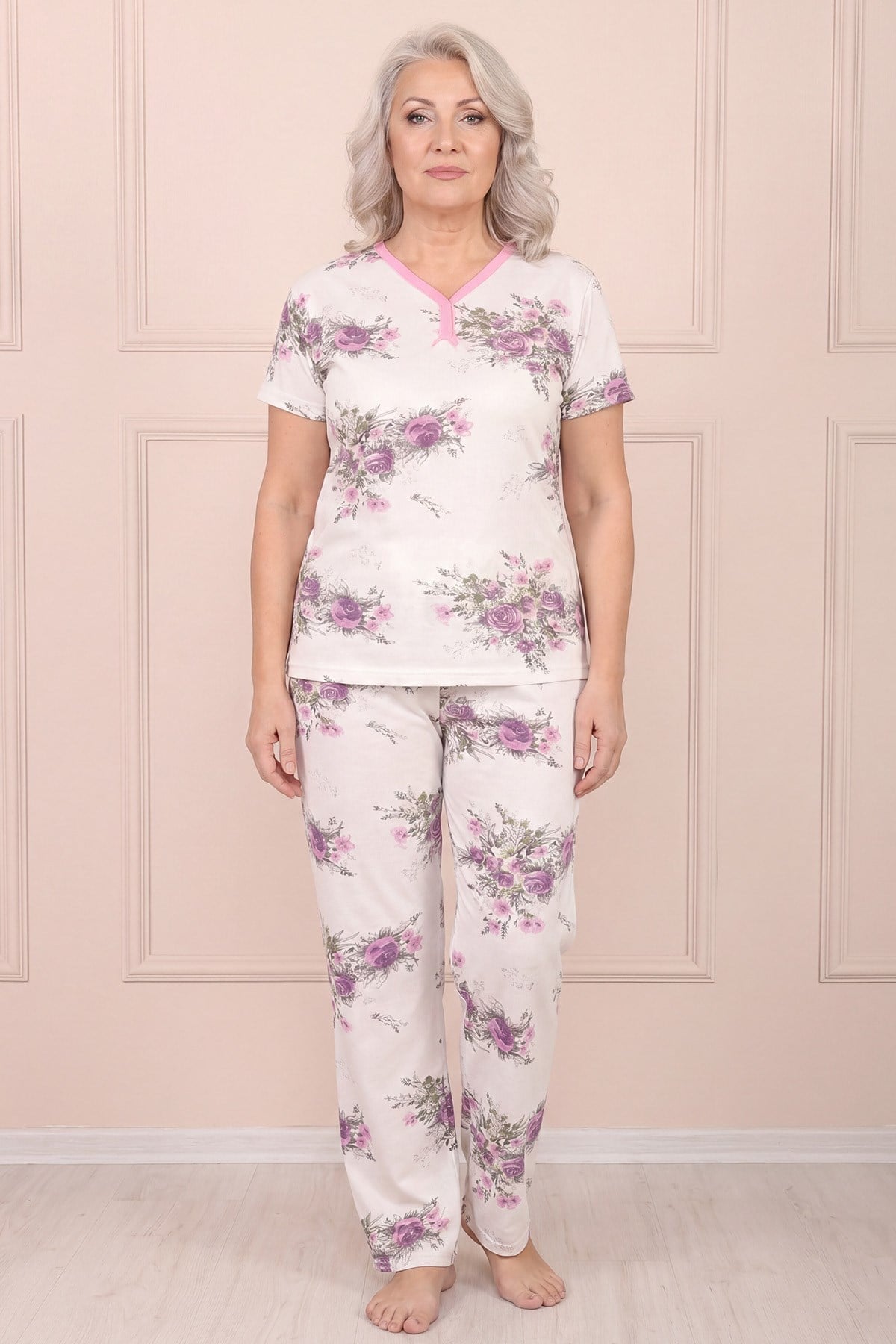 Kadın Desenli Biye Yakalı Kısa Kol Altı Uzun Penye Anne  Pijama Takım