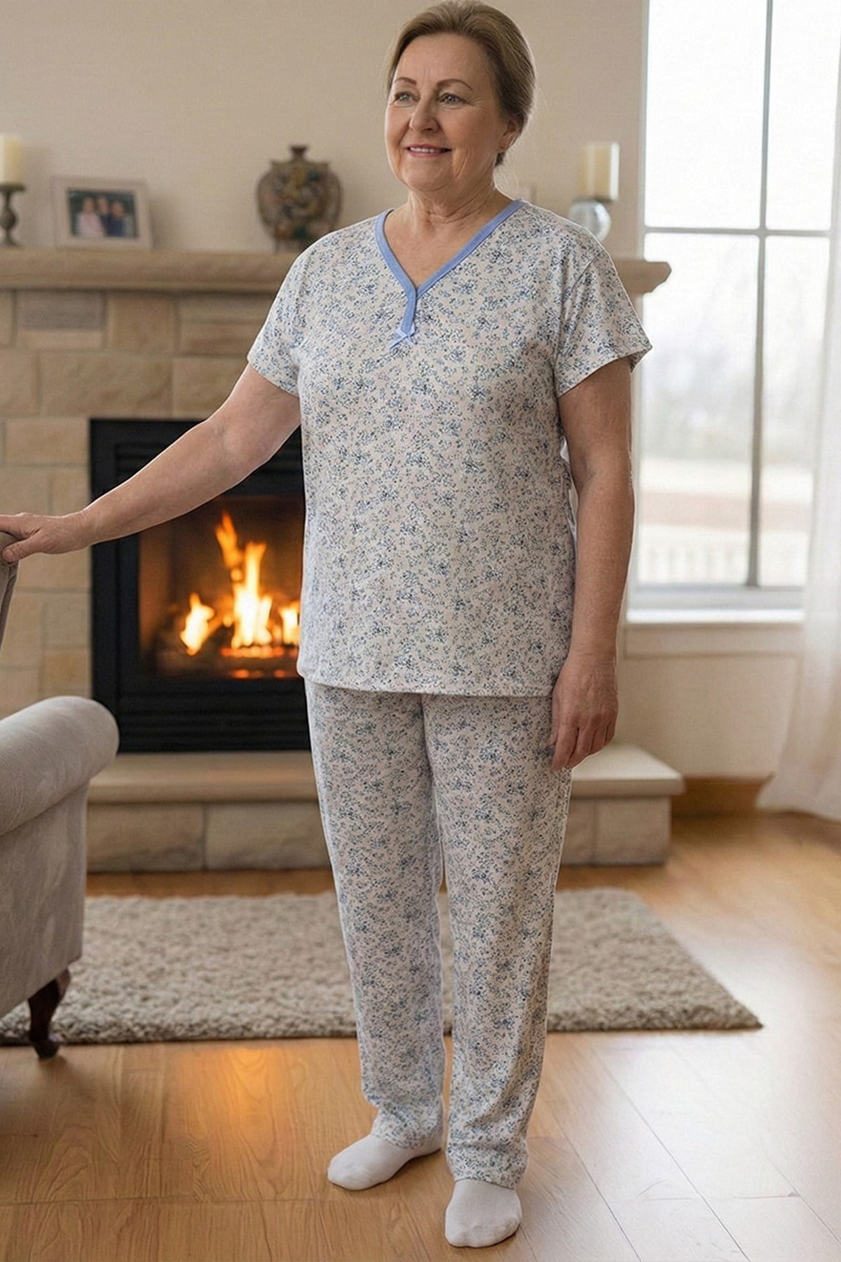 Kadın Desenli Biye Yakalı Kısa Kol Altı Uzun Penye Anne  Pijama Takımı