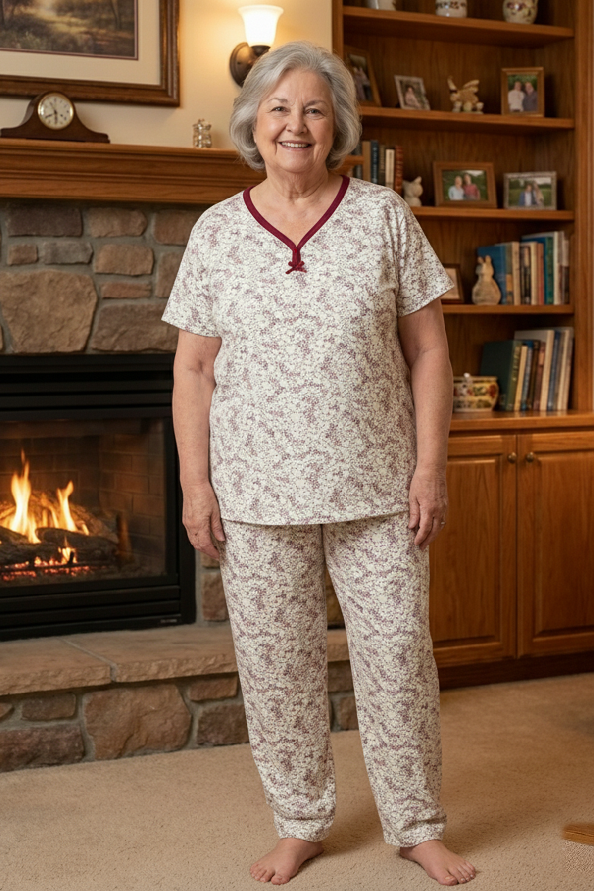 Kadın Desenli Biye Yakalı Kısa Kol Altı Uzun Penye Anne  Pijama Takım