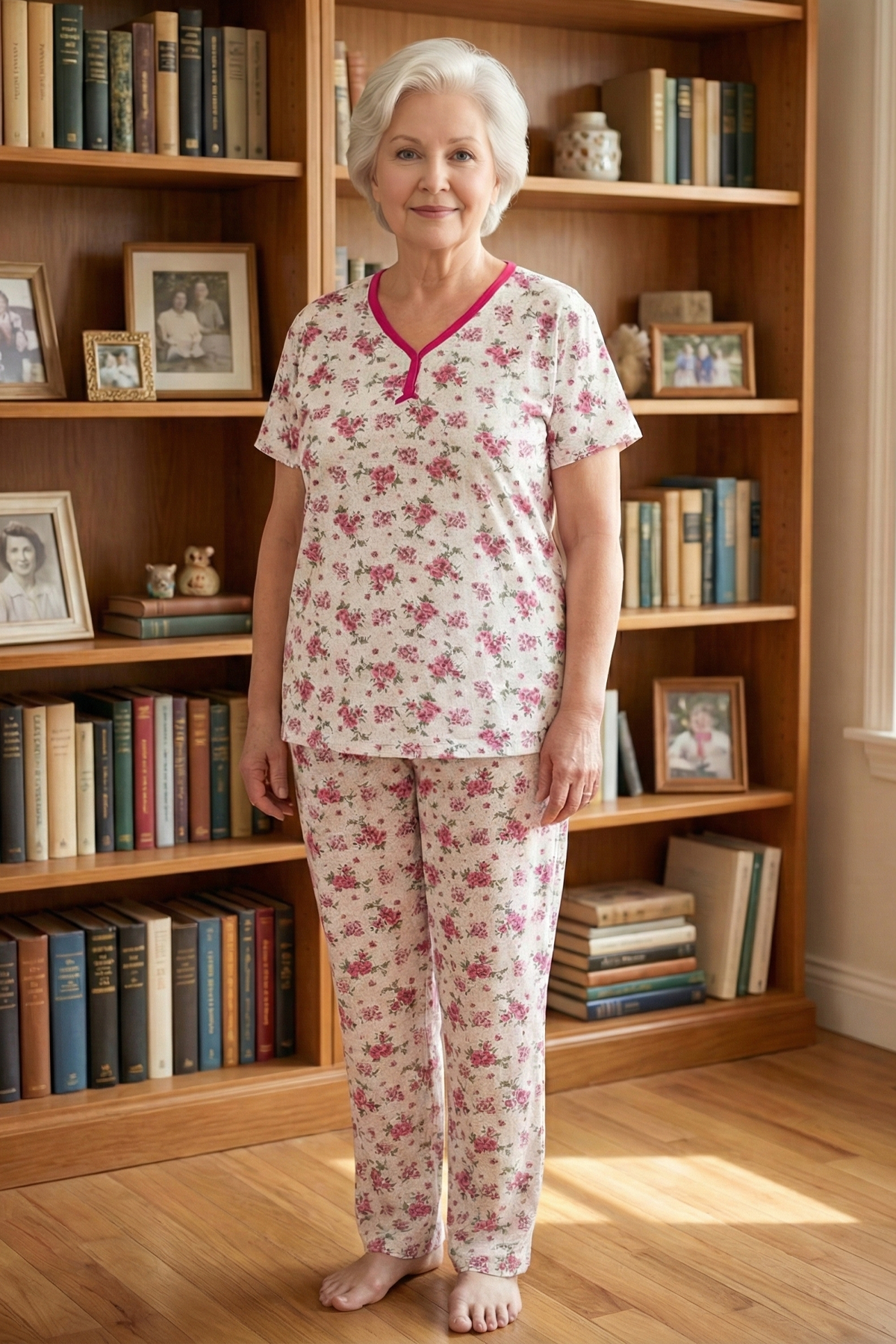 Kadın Desenli Biye Yakalı Kısa Kol Altı Uzun Penye Anne  Pijama Takım