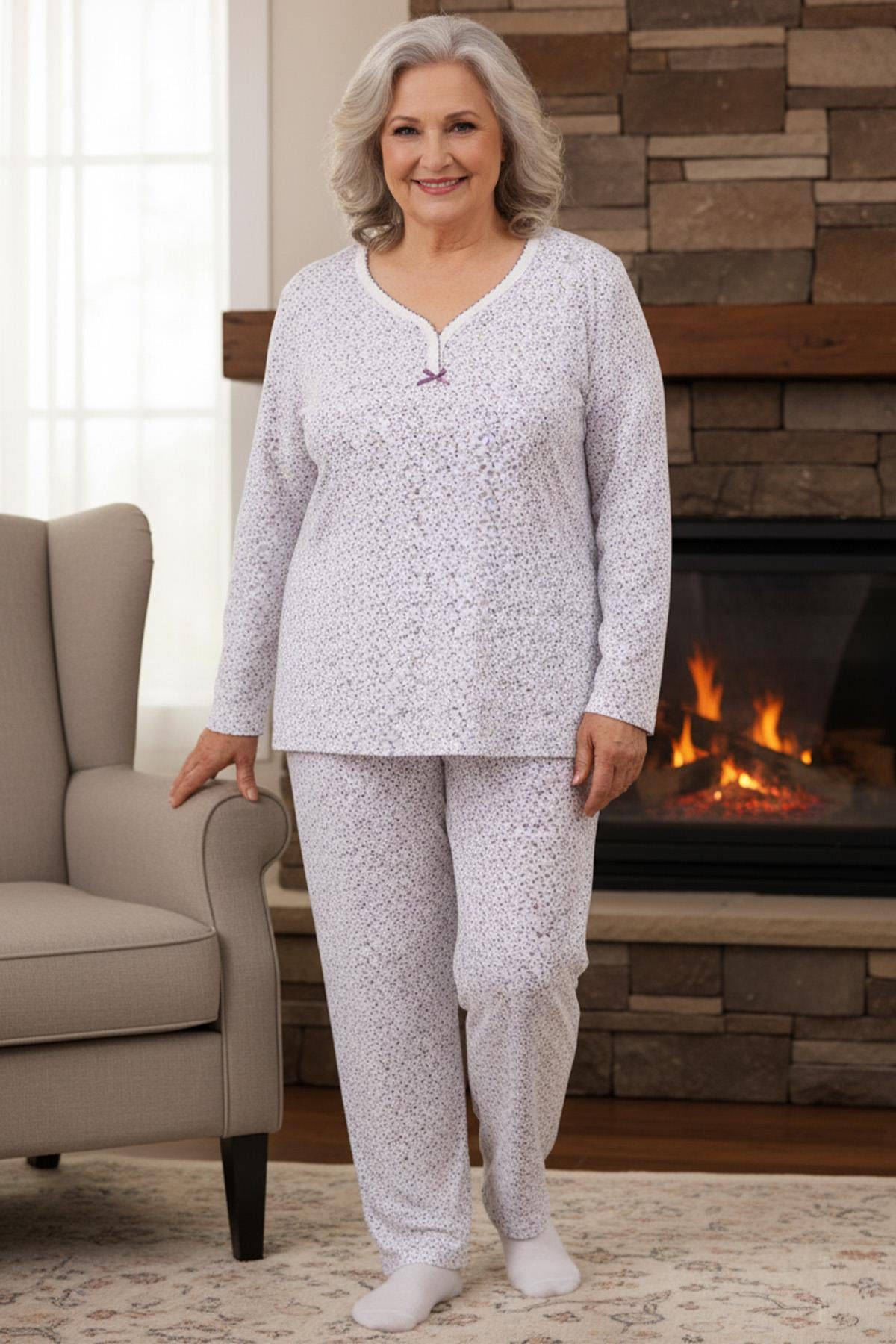 Kadın Desenli Biye Yakalı Uzun Kol Altı Uzun Penye Anne  Pijama Takımı