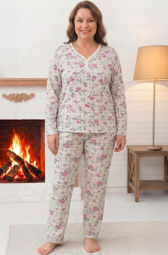 Kadın Desenli Biye Yakalı Uzun Kol Altı Uzun Penye Anne  Pijama Takımı