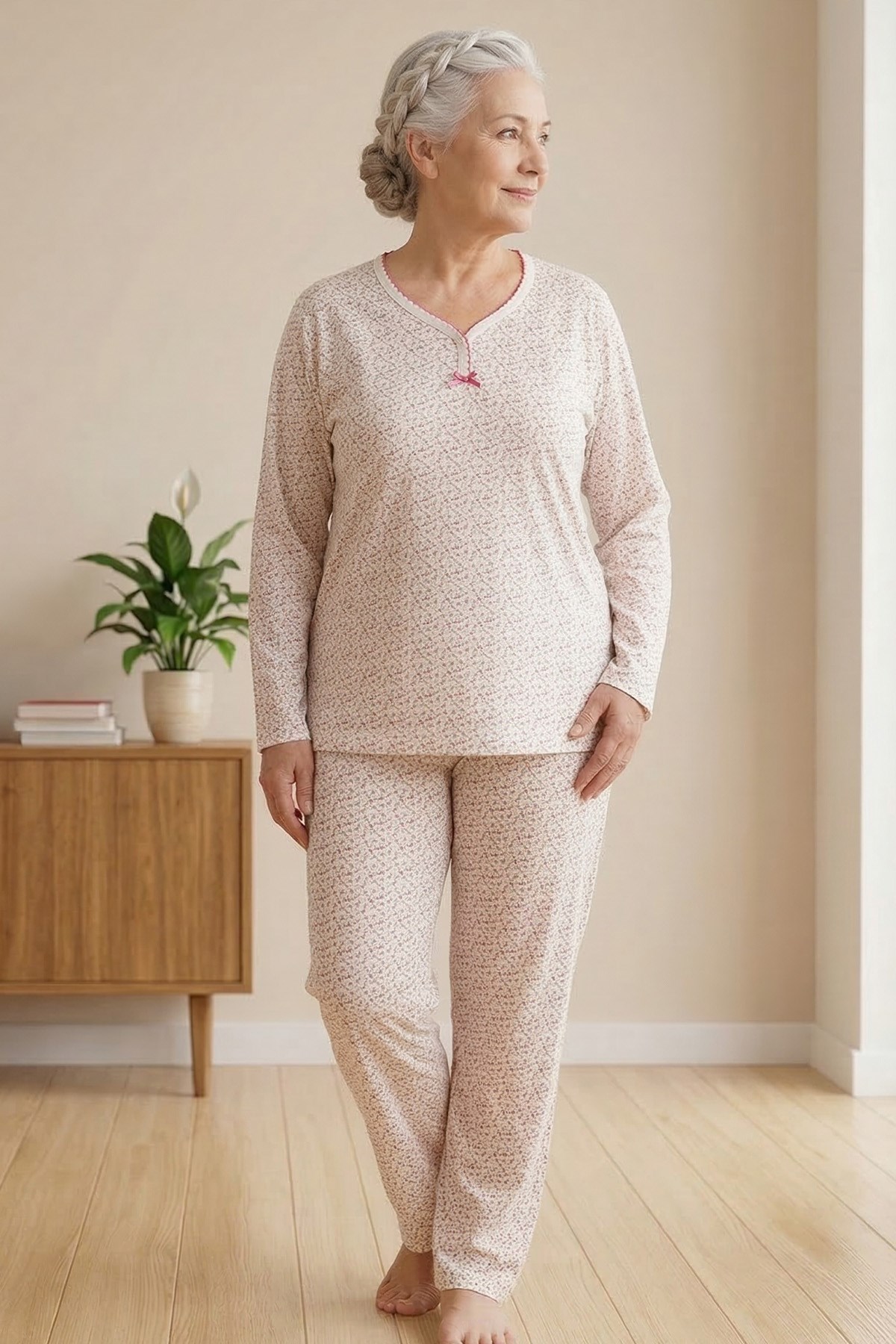 Kadın Desenli Biye Yakalı Uzun Kol Altı Uzun Penye Anne  Pijama Takımı