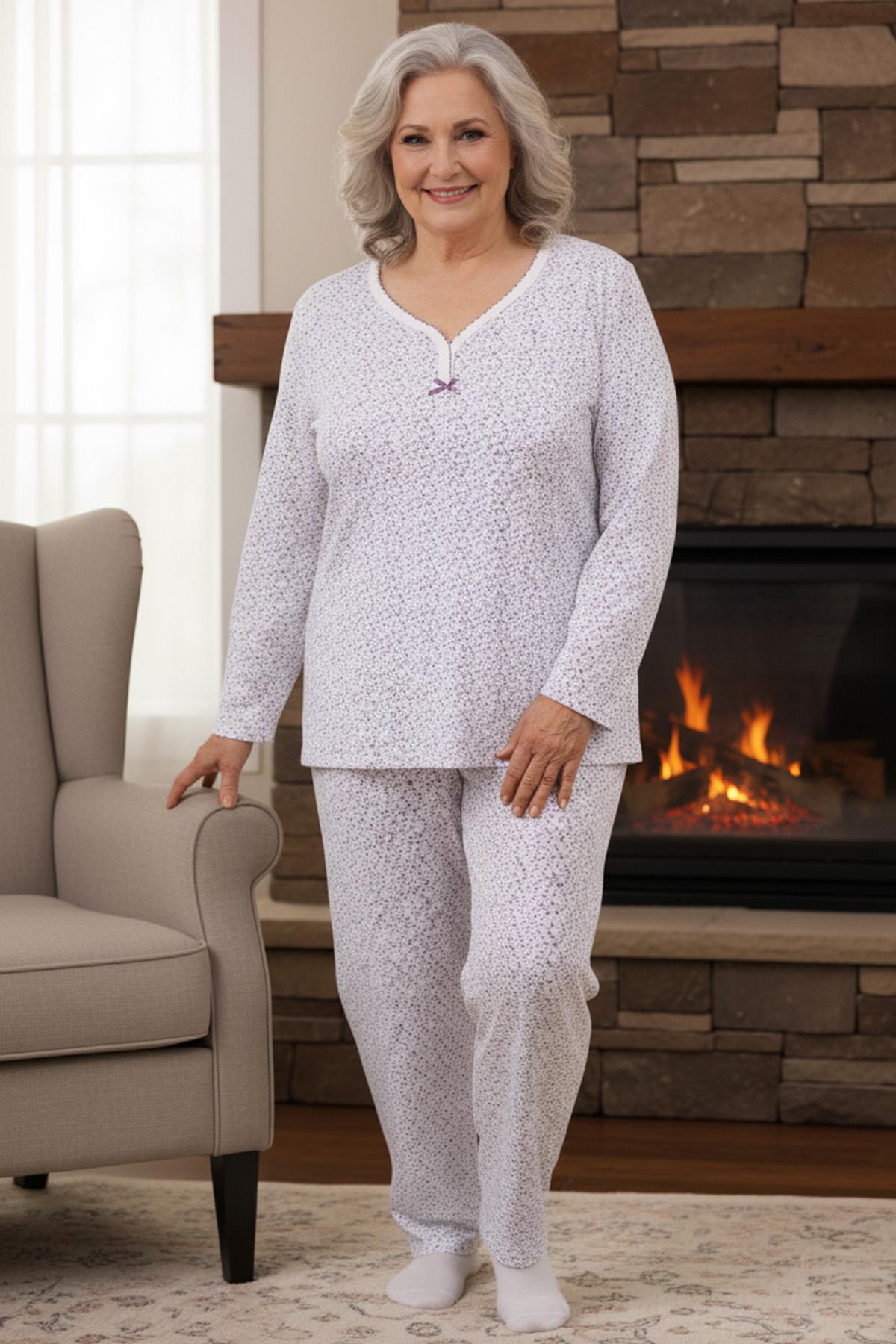 Kadın Desenli Biye Yakalı Uzun Kol Altı Uzun Penye Anne  Pijama Takımı