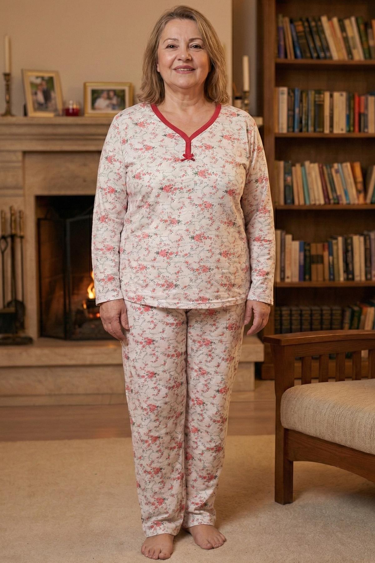 Kadın Desenli Biye Yakalı Uzun Kol Altı Uzun Penye Anne  Pijama Takımı