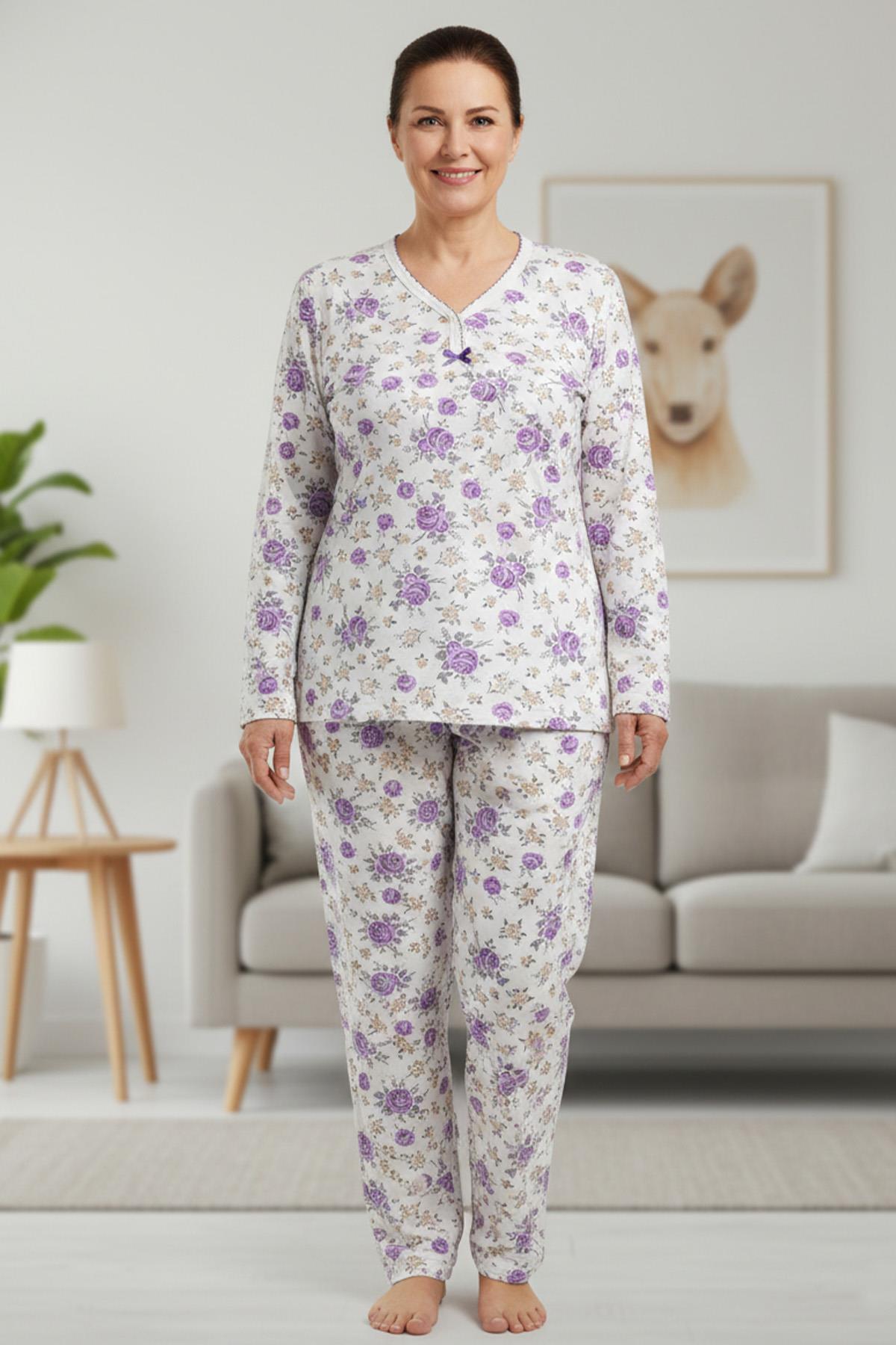 Kadın Desenli Biye Yakalı Uzun Kol Altı Uzun Penye Anne  Pijama Takımı