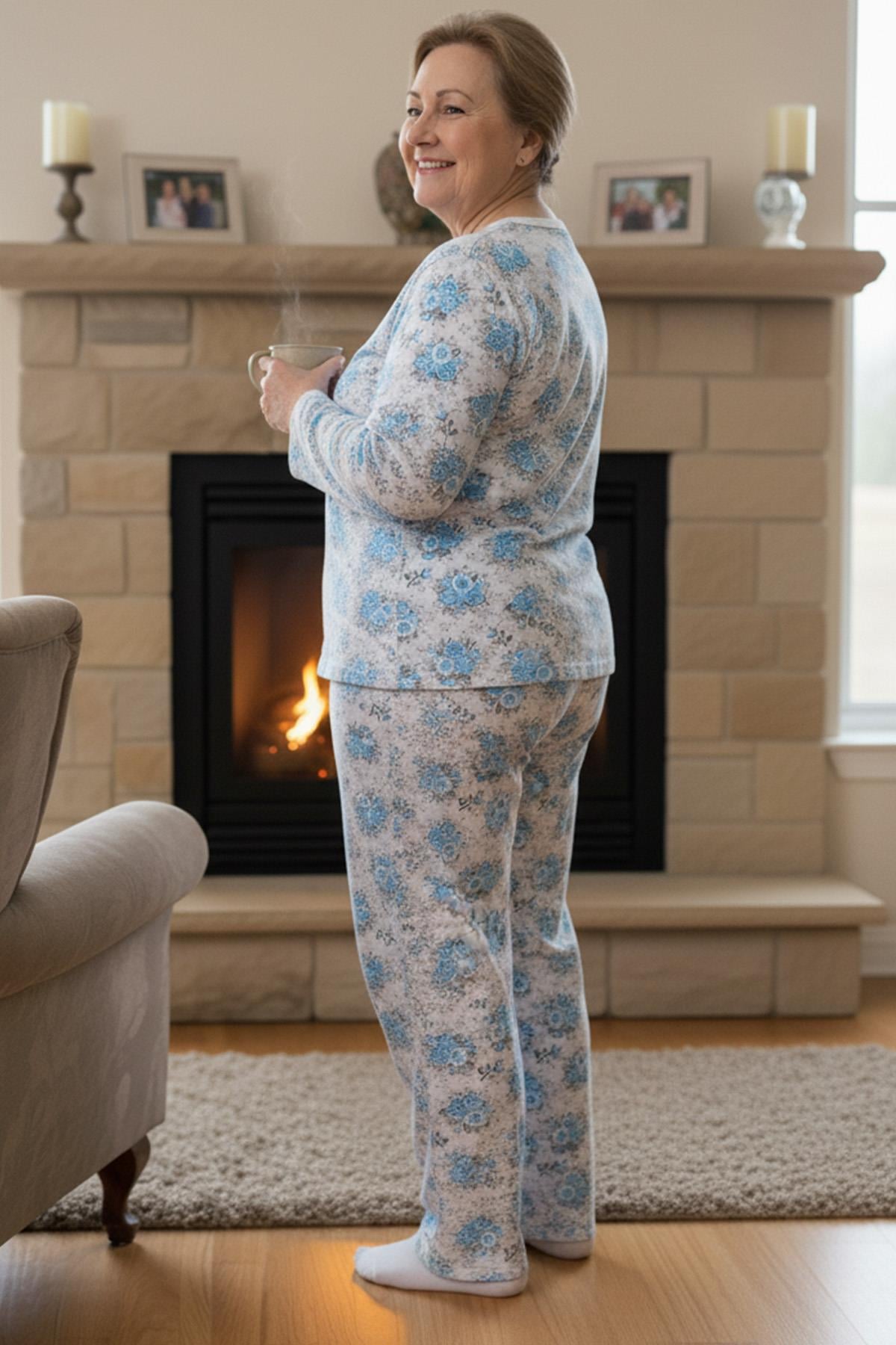 Kadın Desenli Biye Yakalı Uzun Kol Altı Uzun Penye Anne  Pijama Takımı
