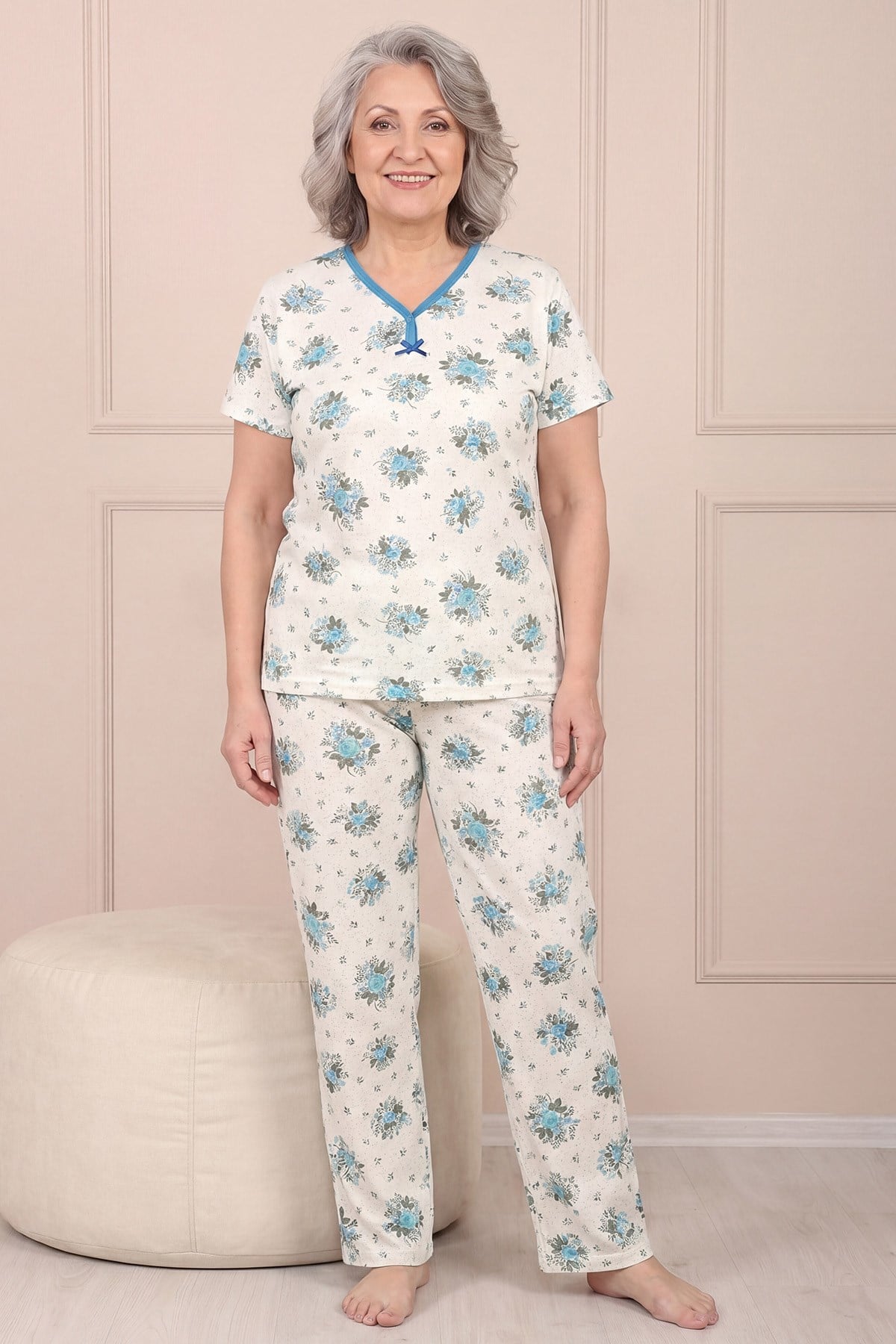 Kadın Desenli Dantel Yakalı Kısa Kol Altı Uzun Penye Anne  Pijama Takım