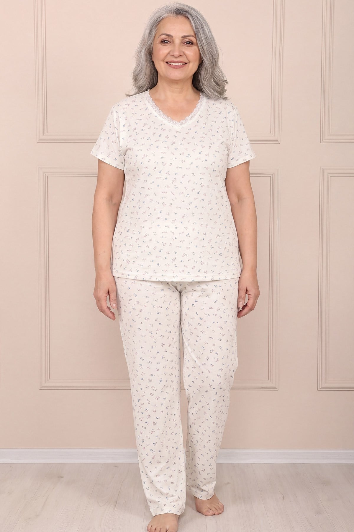 Kadın Desenli Dantel Yakalı Kısa Kol Altı Uzun Penye Anne  Pijama Takım