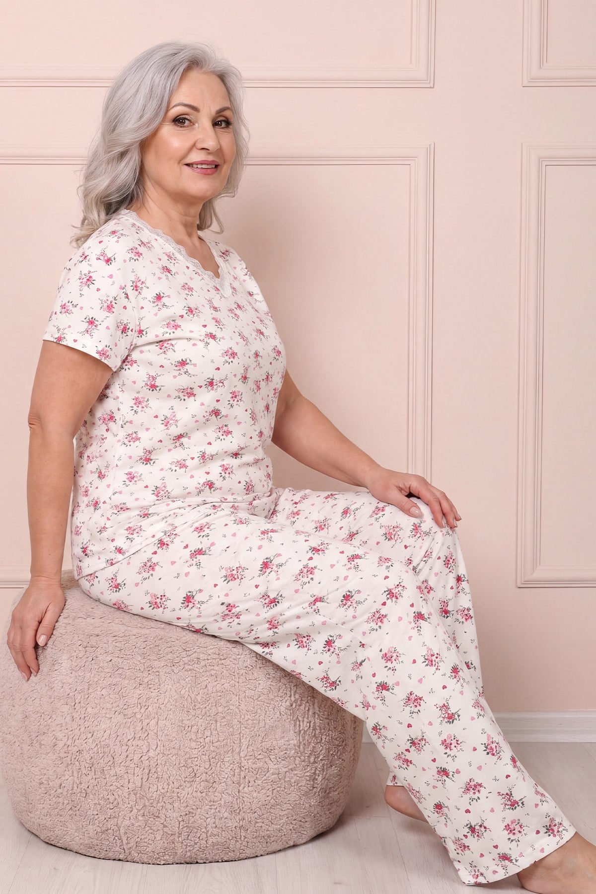 Kadın Desenli Dantel Yakalı Kısa Kol Altı Uzun Penye Anne  Pijama Takımı