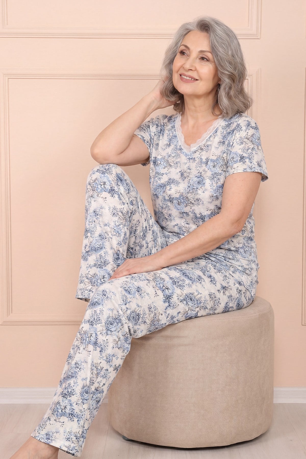 Kadın Desenli Dantel Yakalı Kısa Kol Altı Uzun Penye Anne  Pijama Takımı