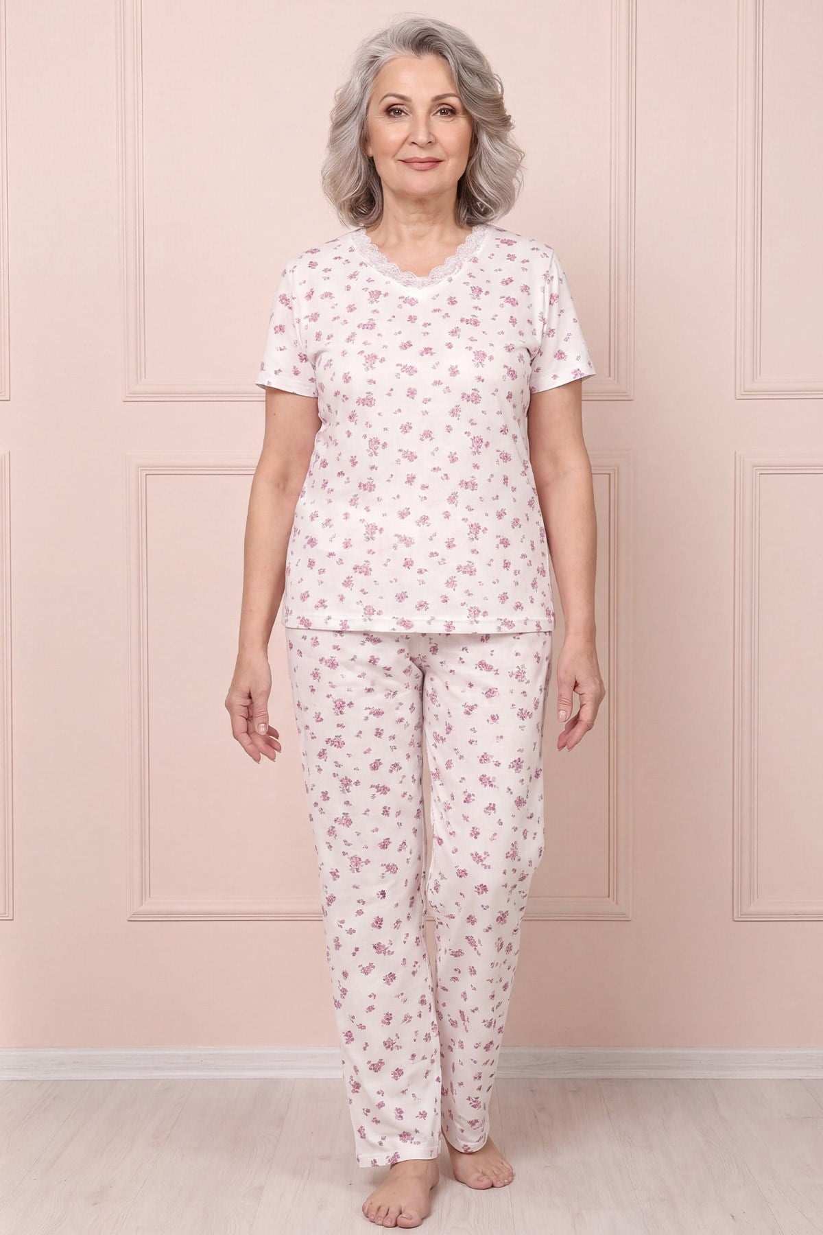 Kadın Desenli Dantel Yakalı Kısa Kol Altı Uzun Penye Anne  Pijama Takım