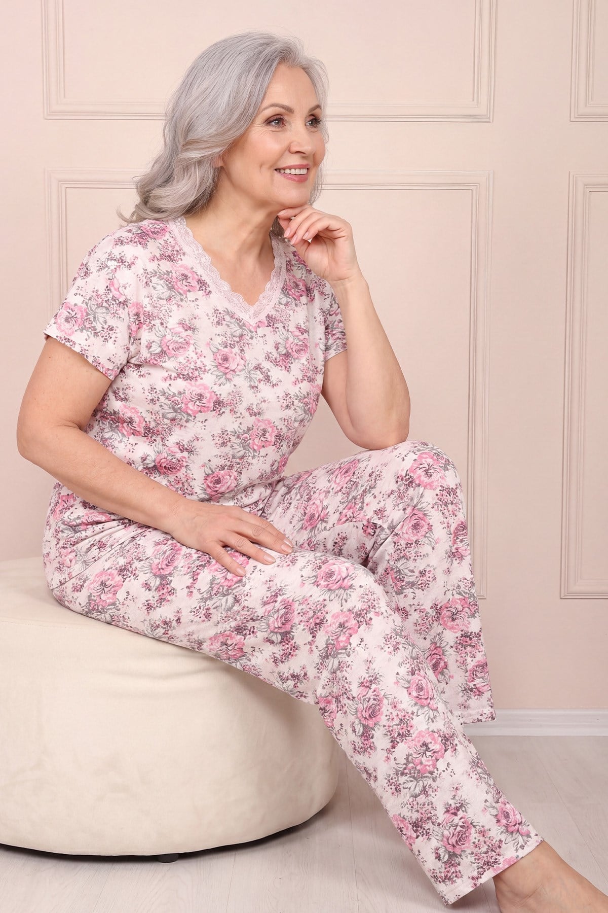 Kadın Desenli Dantel Yakalı Kısa Kol Altı Uzun Penye Anne  Pijama Takımı