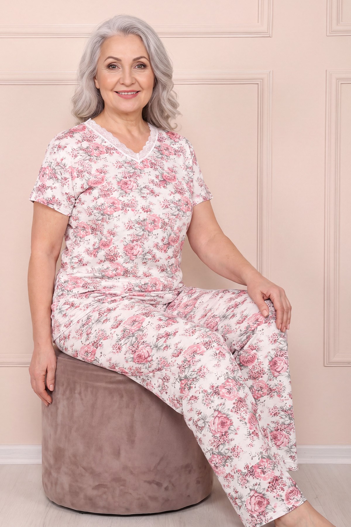 Kadın Desenli Dantel Yakalı Kısa Kol Altı Uzun Penye Anne  Pijama Takımı