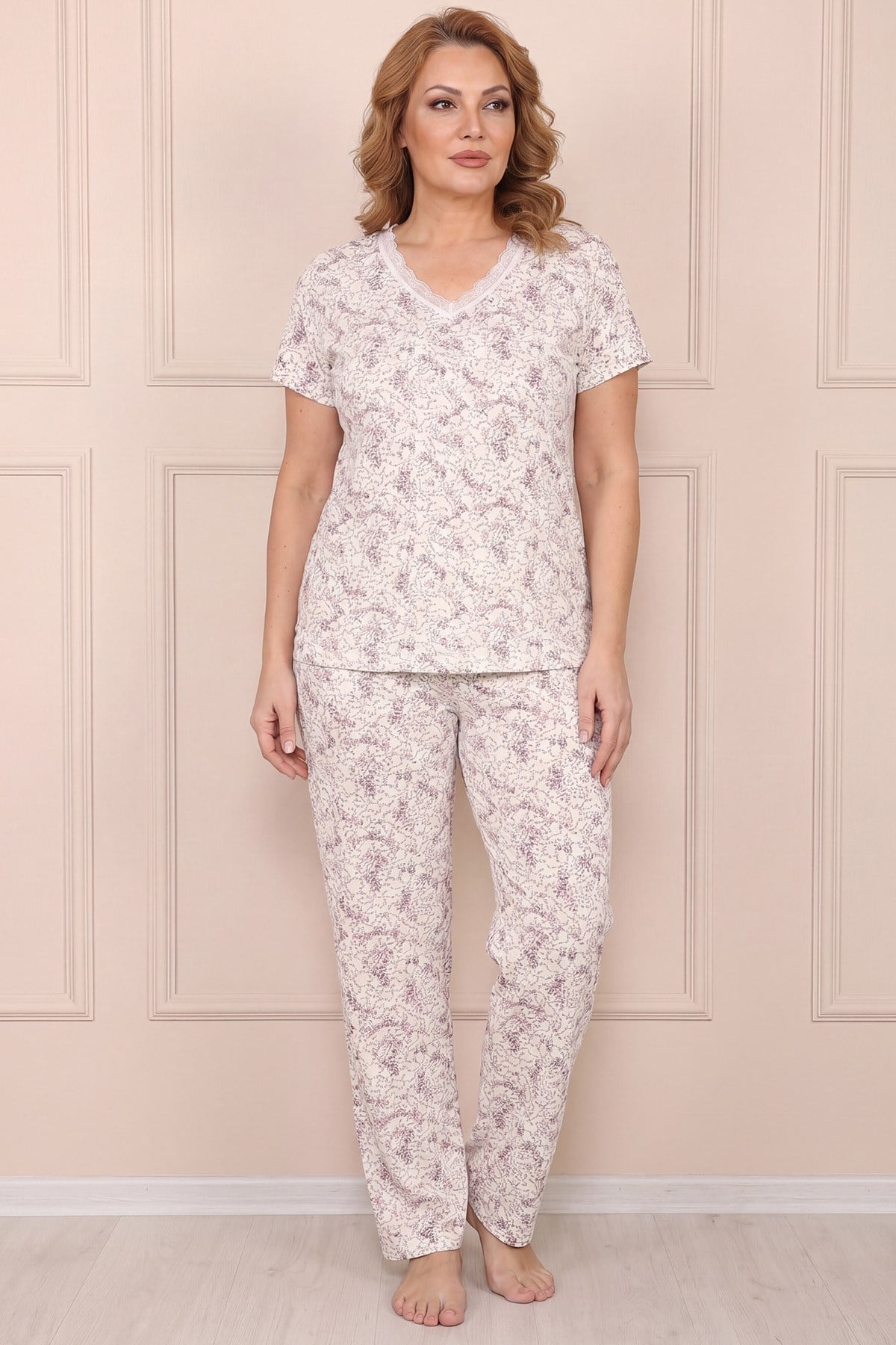 Kadın Desenli Dantel Yakalı Kısa Kol Altı Uzun Penye Anne  Pijama Takım