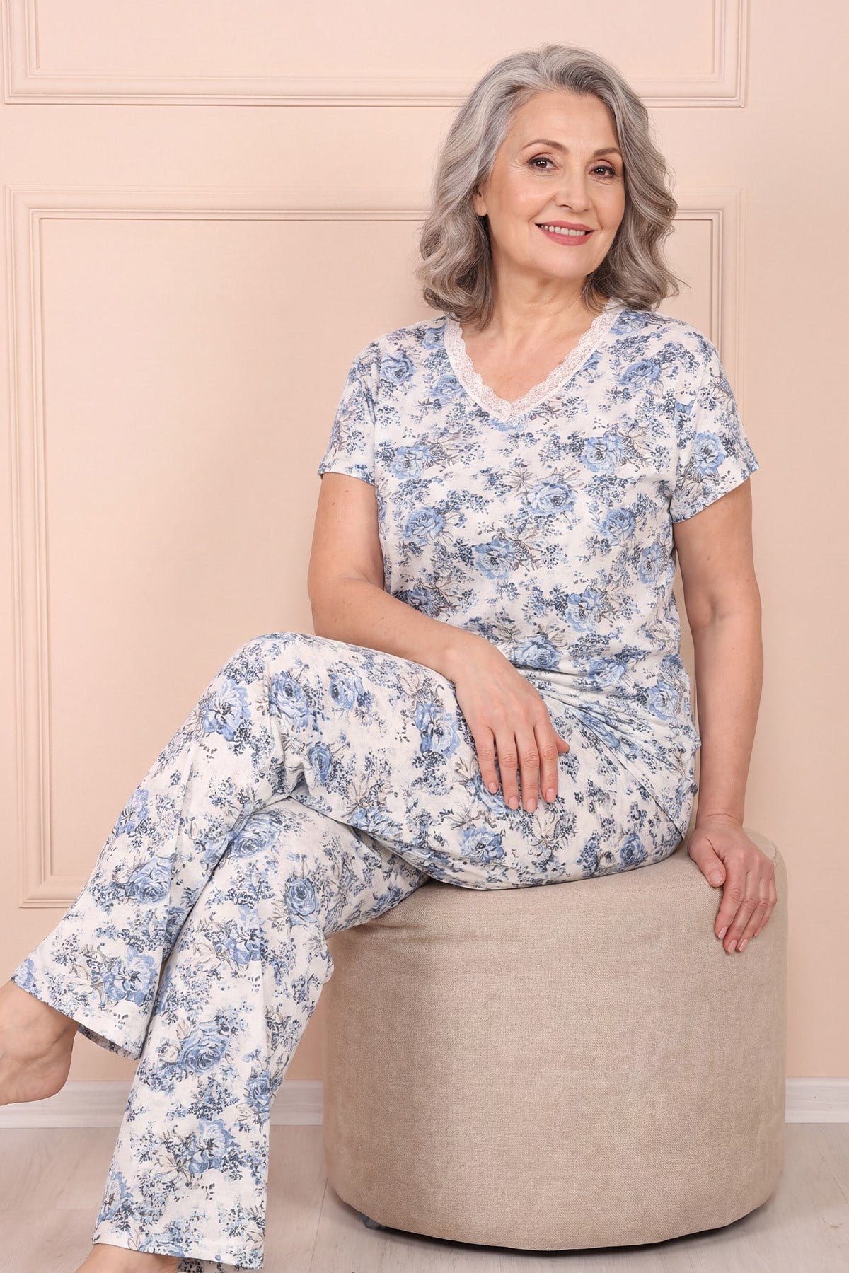 Kadın Desenli Dantel Yakalı Kısa Kol Altı Uzun Penye Anne  Pijama Takımı