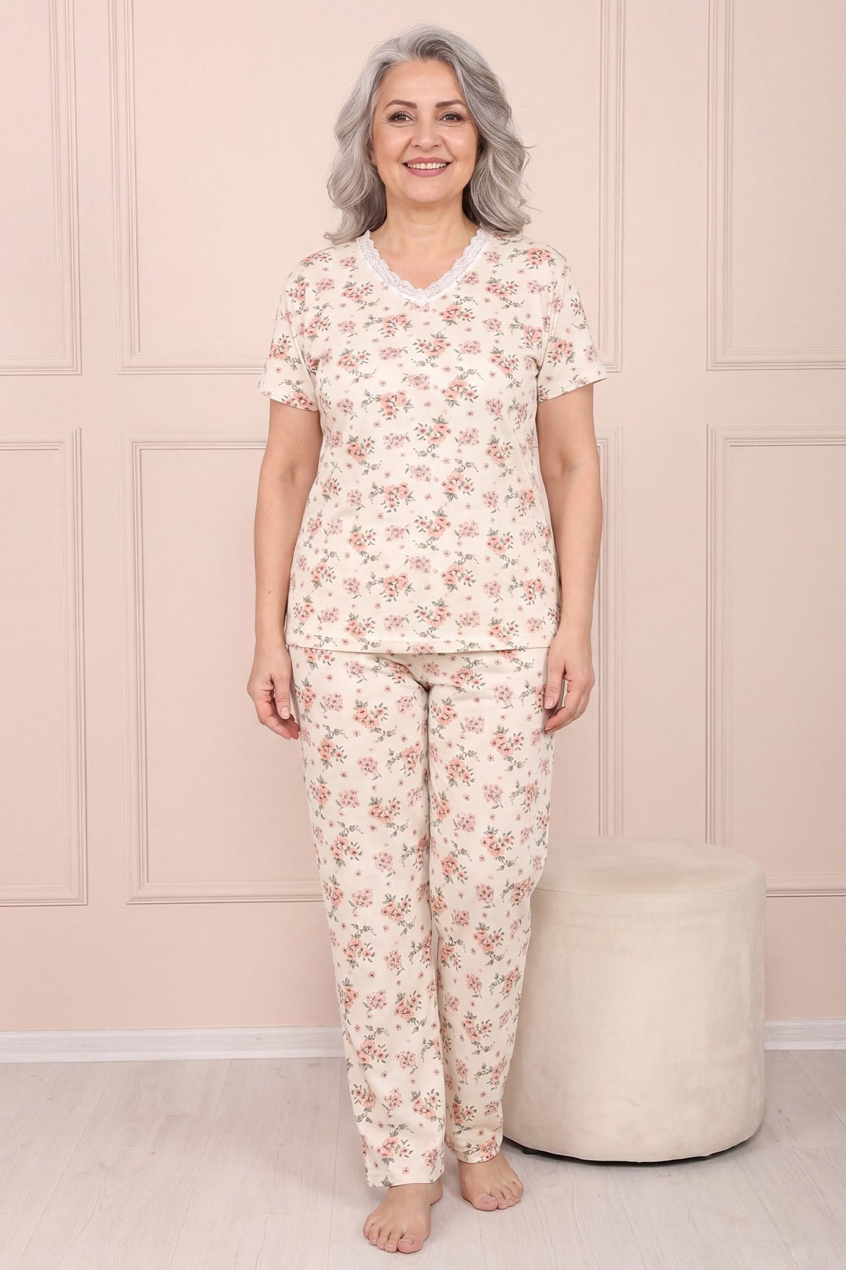 Kadın Desenli Dantel Yakalı Kısa Kol Altı Uzun Penye Anne  Pijama Takım