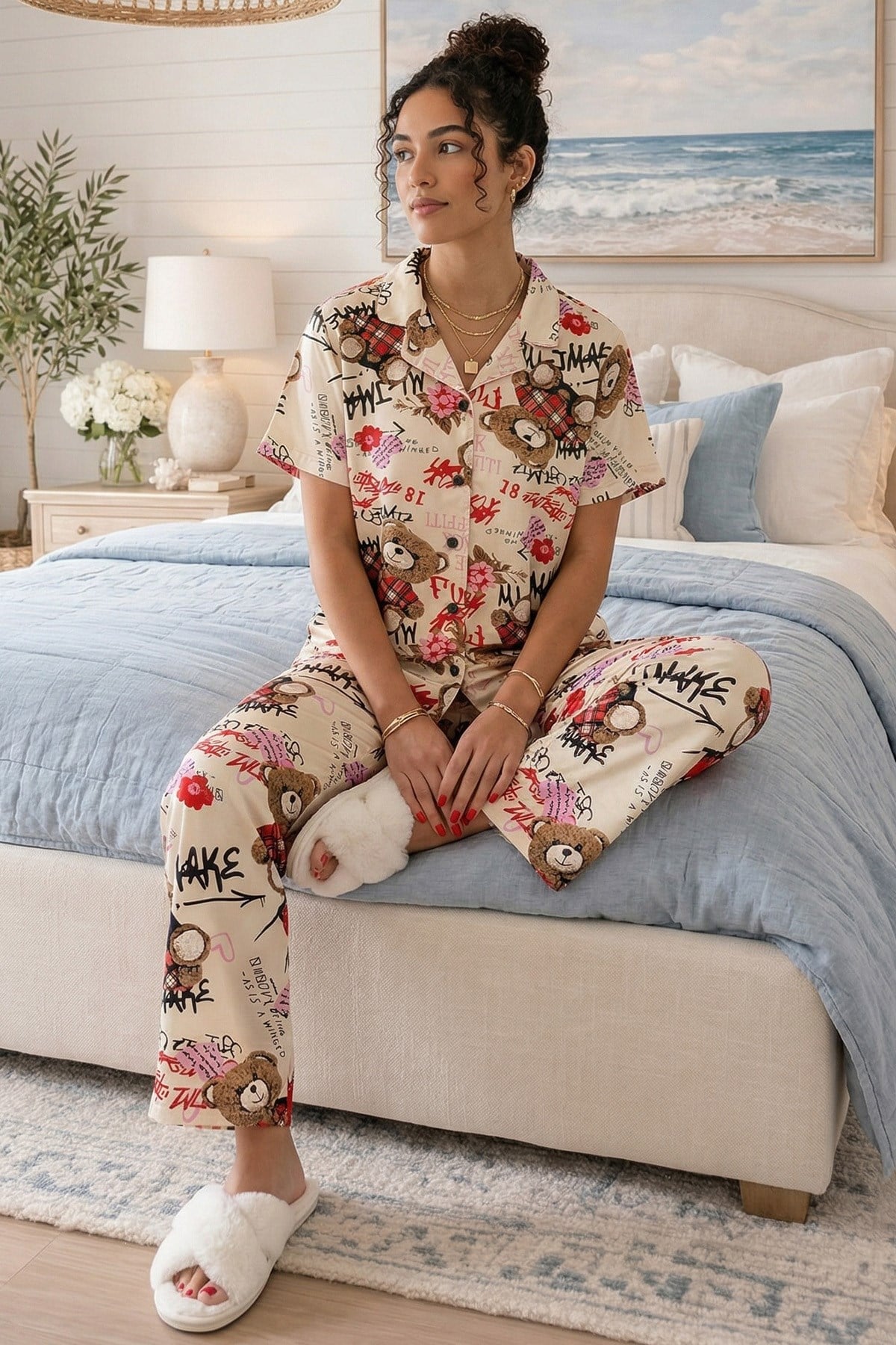 Kadın Ekru Desenli Gömlek Yaka Kısa Kol Altı Uzun Serin Tutan Milan Kumaş Pijama Takımı