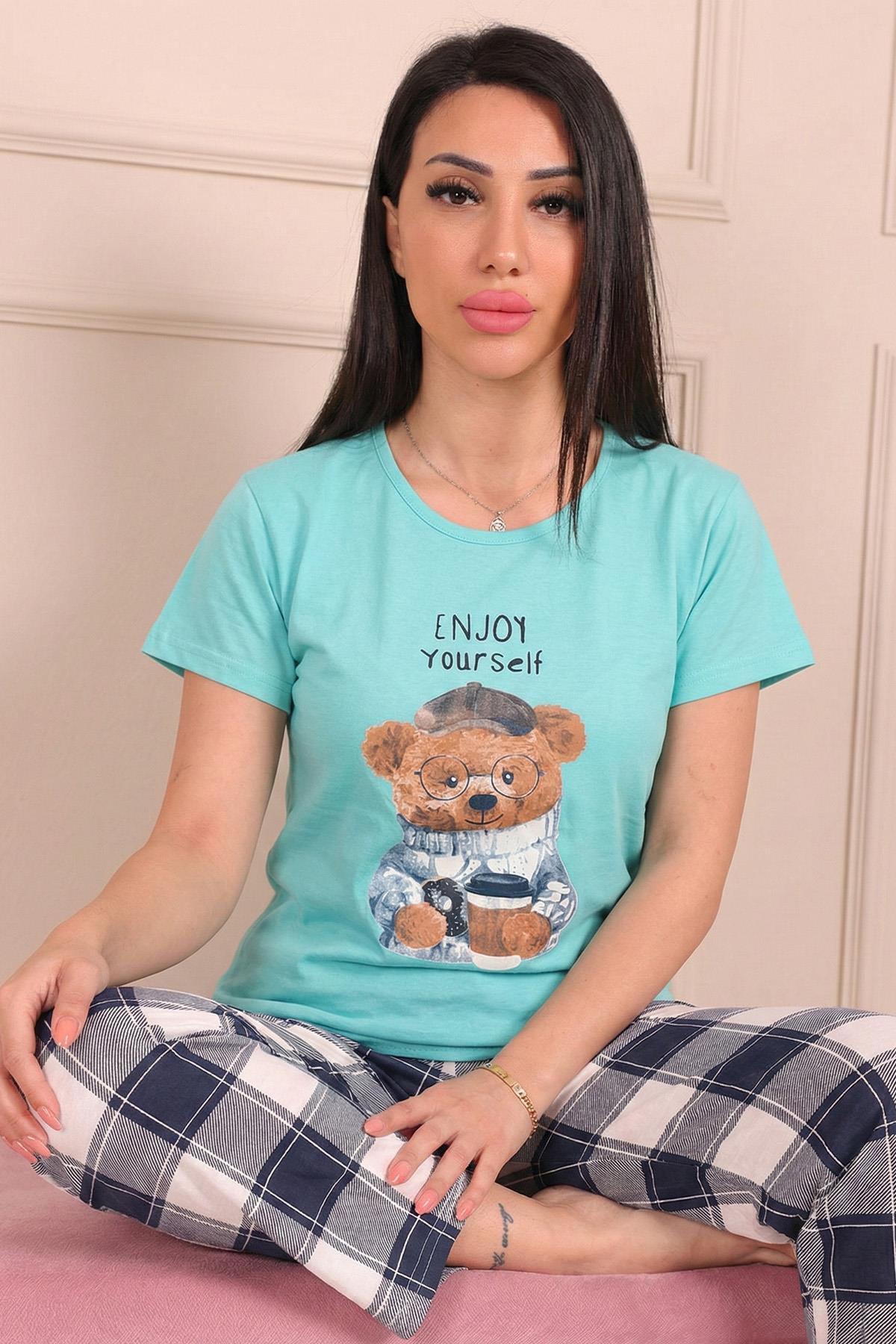 Kadın Enjoy Yourself ve Altı Eksoe Desenli Penye Pijama Takımı
