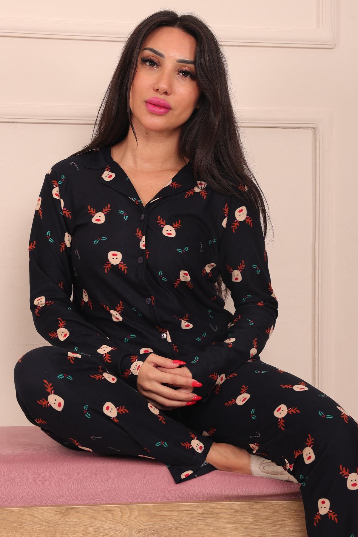 Kadın Geyik Desenli Önü Düğmeli Uzun Kol Altı Uzun Süet Pijama Takımı