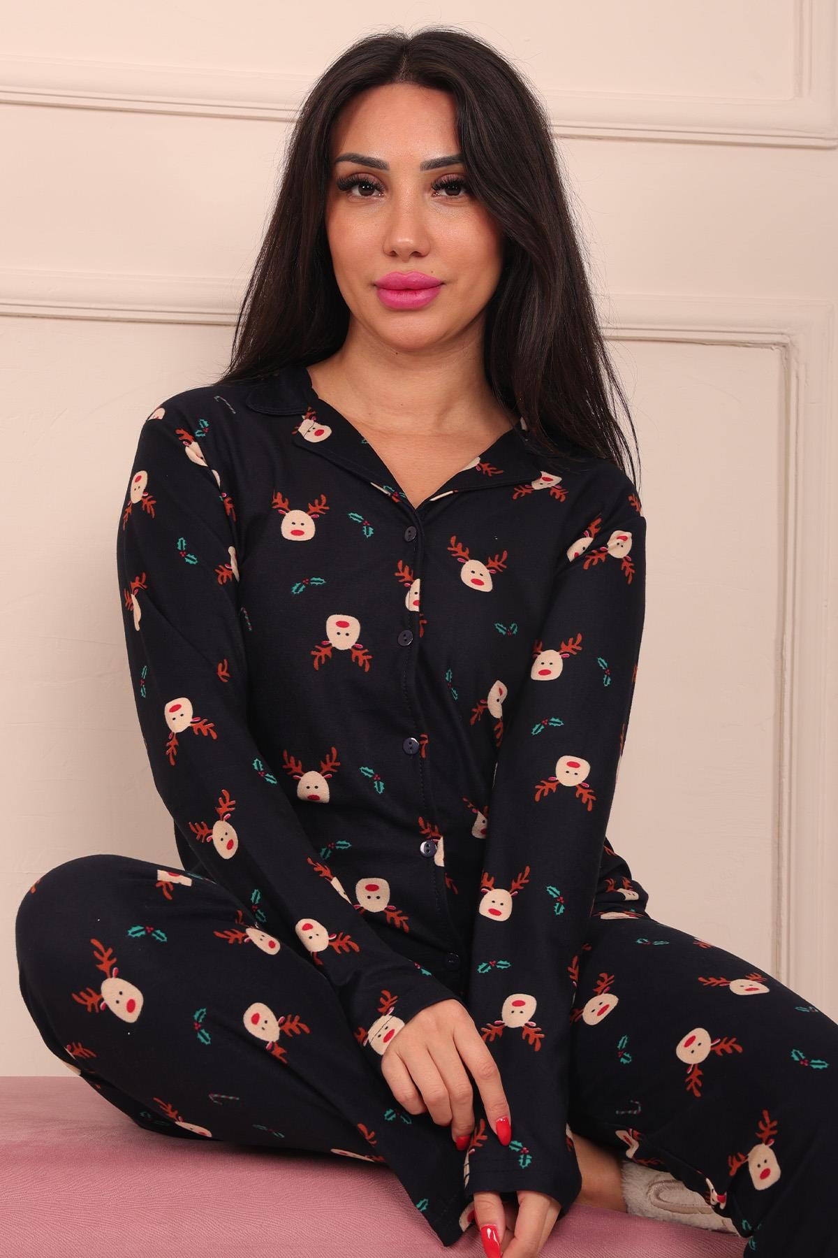 Kadın Geyik Desenli Önü Düğmeli Uzun Kol Altı Uzun Süet Pijama Takımı