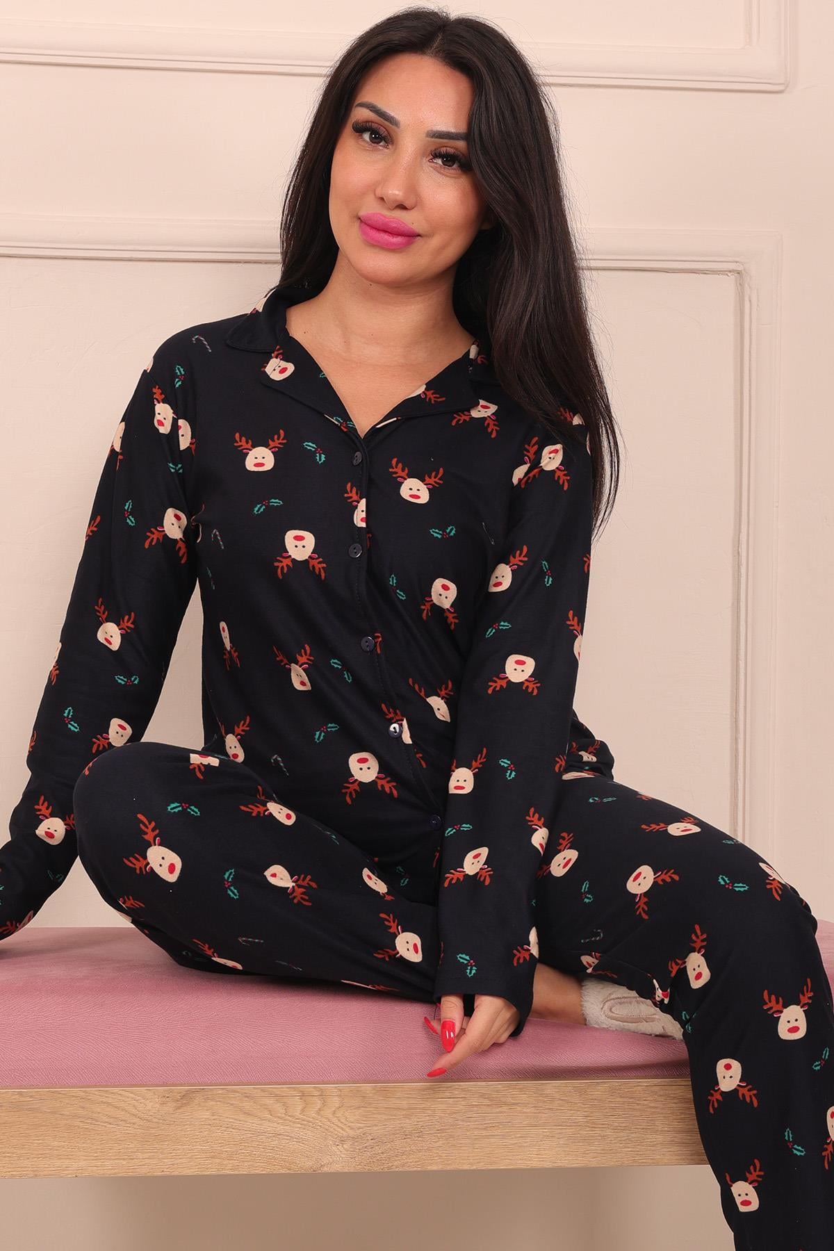 Kadın Geyik Desenli Önü Düğmeli Uzun Kol Altı Uzun Süet Pijama Takımı