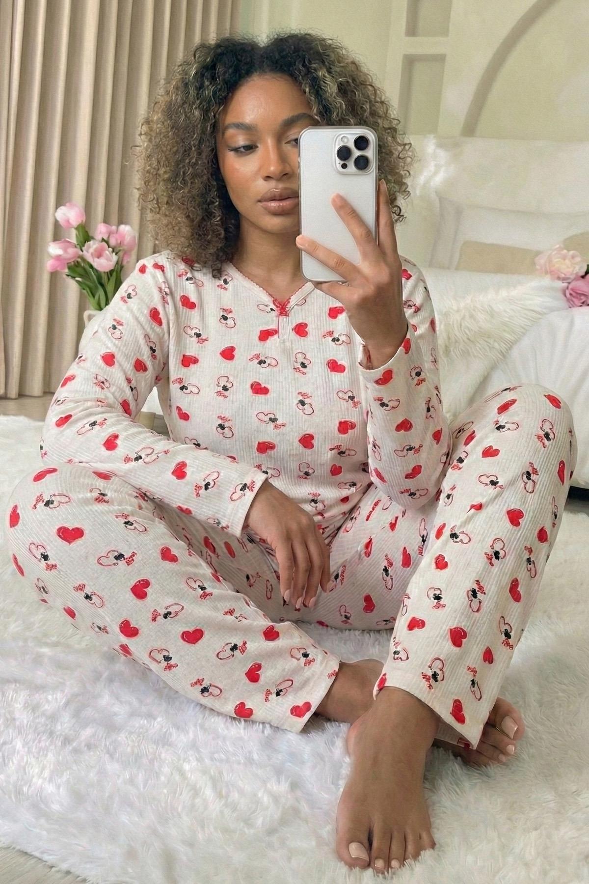Kadın Kalp Desenli Fitilli Armut Yaka Uzun Kol Altı Uzun Pamuklu Pijama Takımı