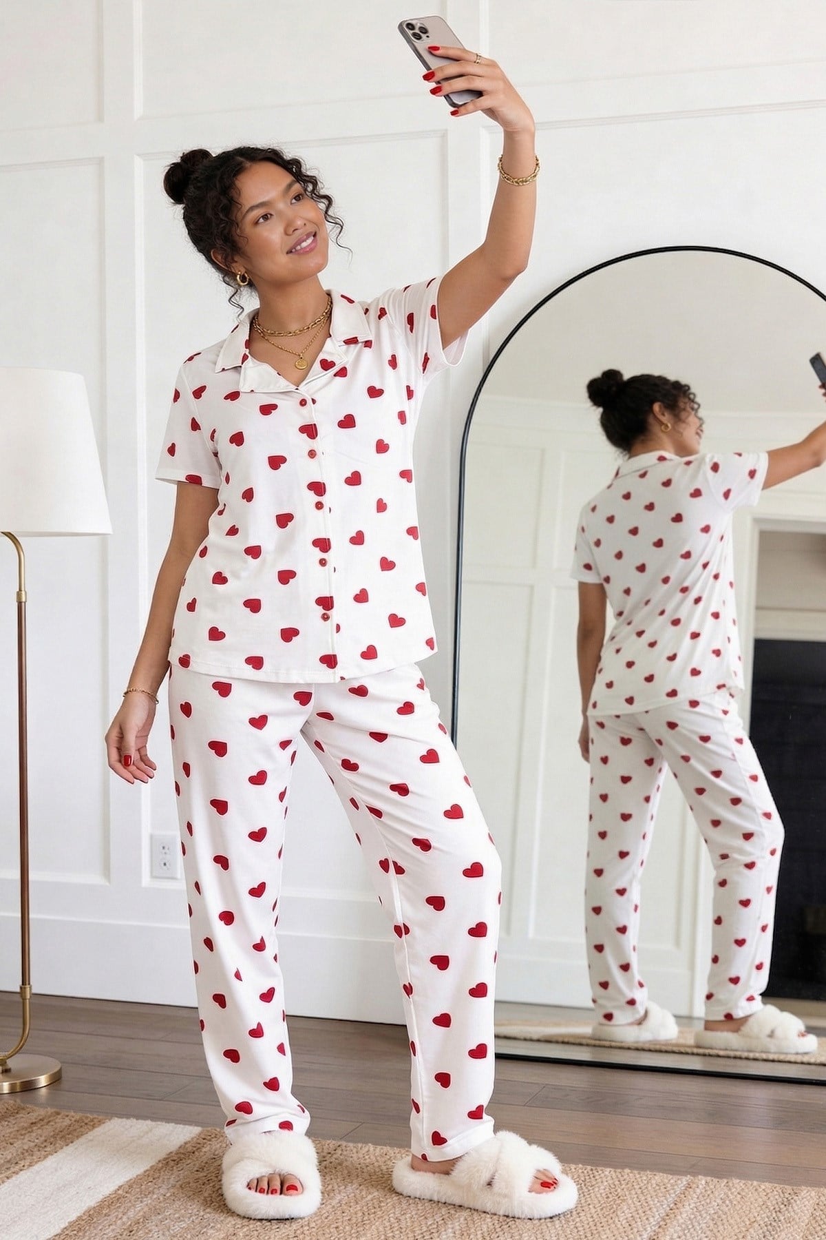 Kadın Kalp Desenli Gömlek Yaka Kısa Kol Altı Uzun Serin Tutan Milan Kumaş Pijama Takımı