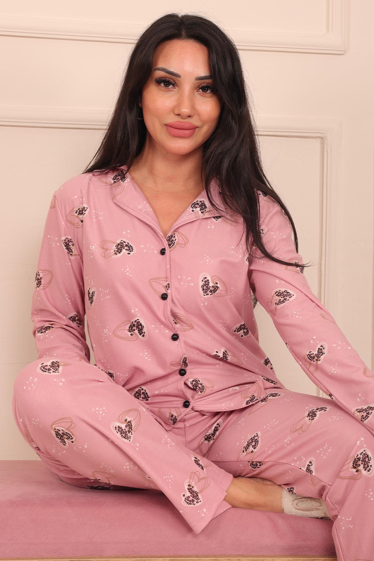 Kadın Kalp Desenli Önü Düğmeli Uzun Kol Altı Uzun Süet Pijama Takımı